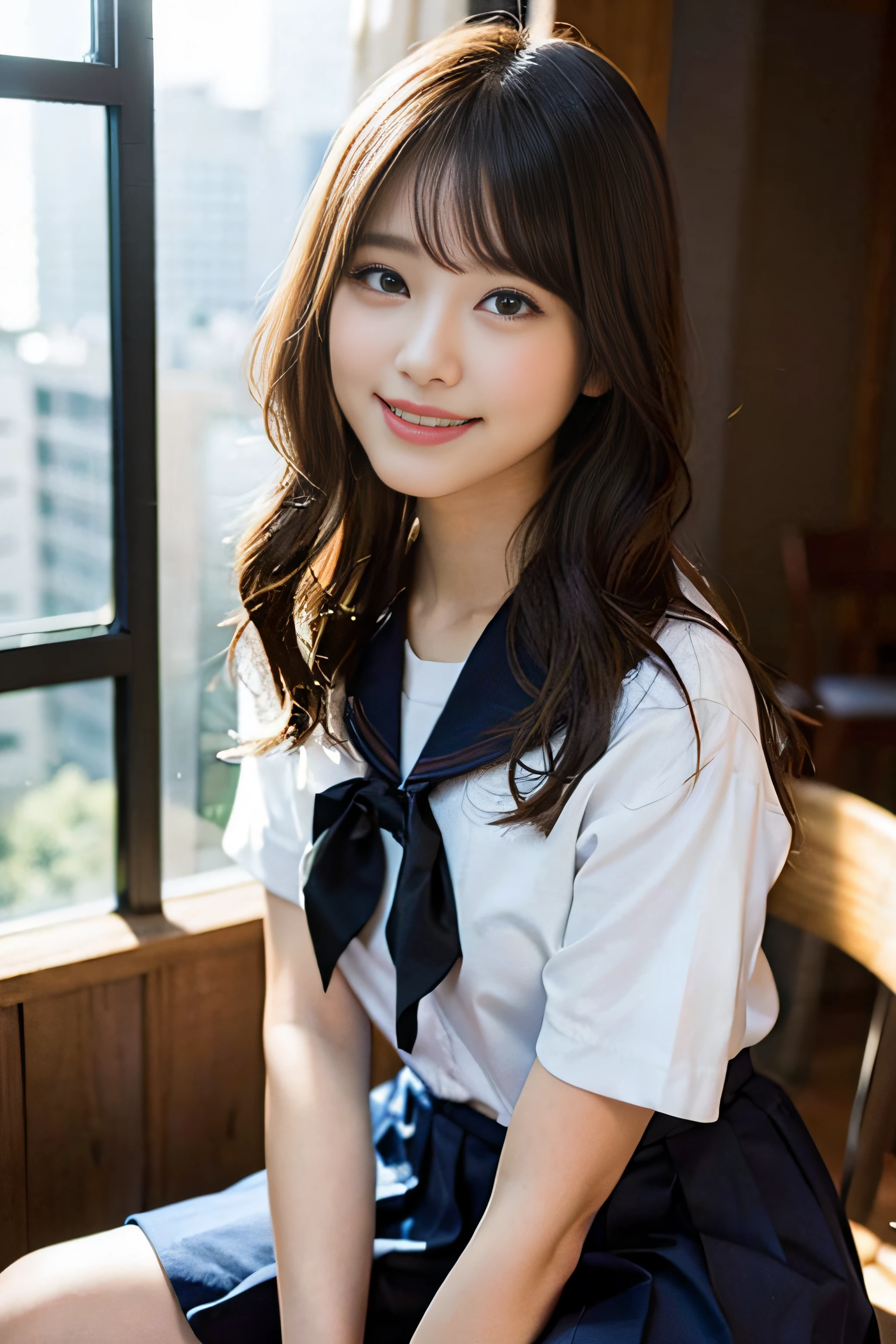 (8K、Raw photography、top-quality、masterpiece:1.2)、(realisitic、Photorealsitic:1.37)、ultra-detailliert、超A high resolution、女の子1人、see the beholder、beautifull detailed face、A smile、Constriction、(Slim waist) :1.3)、Beautiful detailed skin、Skin Texture、Floating hair、Professional Lighting、Whole human body、Longhaire、a blond、japanese hight school uniform、hi-school girl、a sailor suit、Bob Hair、school classrooms、Happy smile、15yo student、Cute smile、E Cup Breast、Poses that emphasize breasts、Dark blue socks
