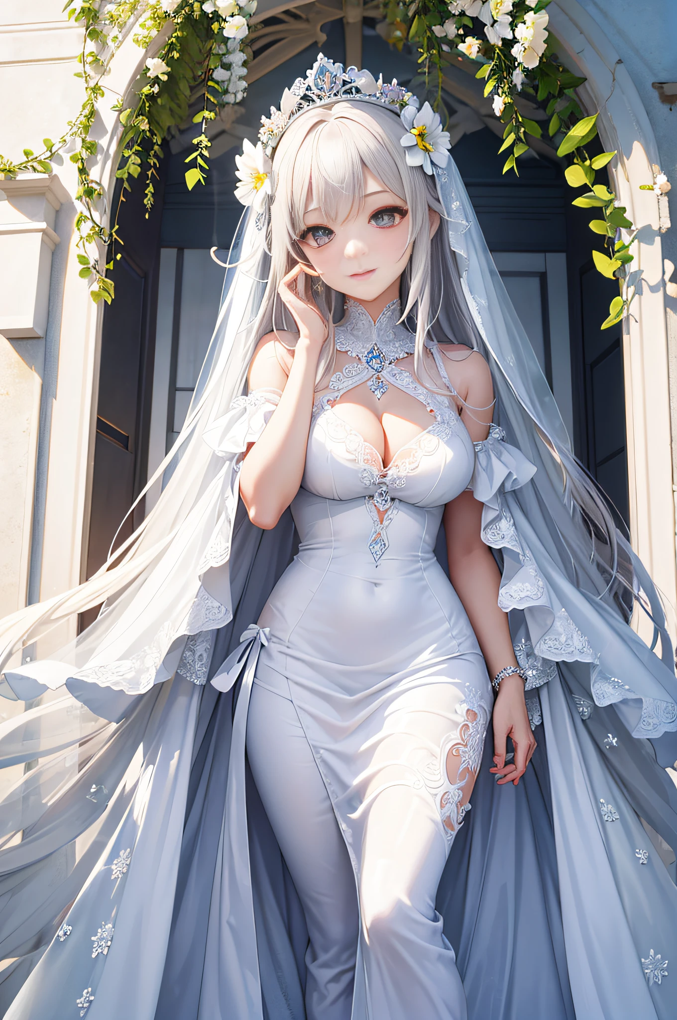 （white wedding gown），（a beauty girl），Top image quality，beachside，The sun is just right，nedium breasts:1.2、Super detail face、Eye of detail、二重まぶた、Beautiful woman，Hands are normal，（8K），graceful movements，（Empress Fan），（Tall and tall），Full of details，（The face is beautiful and real）