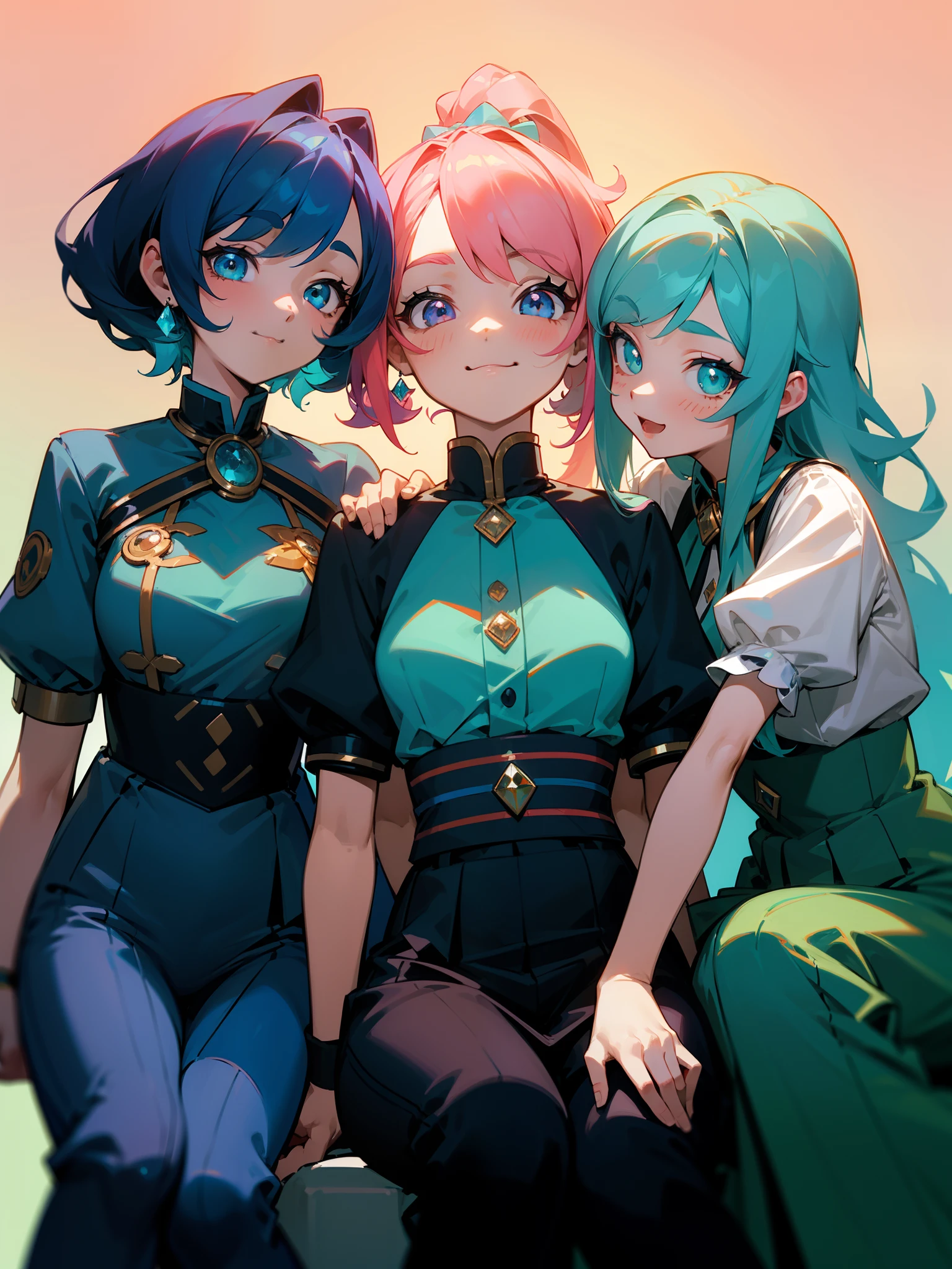 ((tmasterpiece, colourful, As detailed as possible)), Three anime friends sitting side by side and looking at the camera, A trio of friends, Girls, beautiful girls, 2 d anime style, flat anime style, in anime style, the anime, anime stylized, (glass hair), Crystal hair, ((Glowing Hair)), portraite of a, Gemstone uniforms \The Land of Precious Stones\, Combinizon, tie, puffy short sleeves, Shorts, Shirt, short sleeve, The first girl sits on the left with a high shoulder-length tail and a calm face, beatiful face, multi-colored hair, Hair gradient, Hair color from blue to peach, without bangs, curly curl on the cheek, hairstyle: high ponytail, long tail, hair from Tanzanite, peach-colored eyes, :3, Short eyebrows,,,,,, The second girl sits on the right with two long green pigtails and a happy face, wide eyes, opened mouth, turquoise hair, Turquoise textured hair, Hair is smooth, Like a stone, The third girl sits in the middle with blue short hair and two long curls in front, gray gray hair in the middle of the hairline;;;;;;; Cyan eyes, happy face, one eye covered, Flirting, big sister, Home, Simple background, natural light, vivid picture