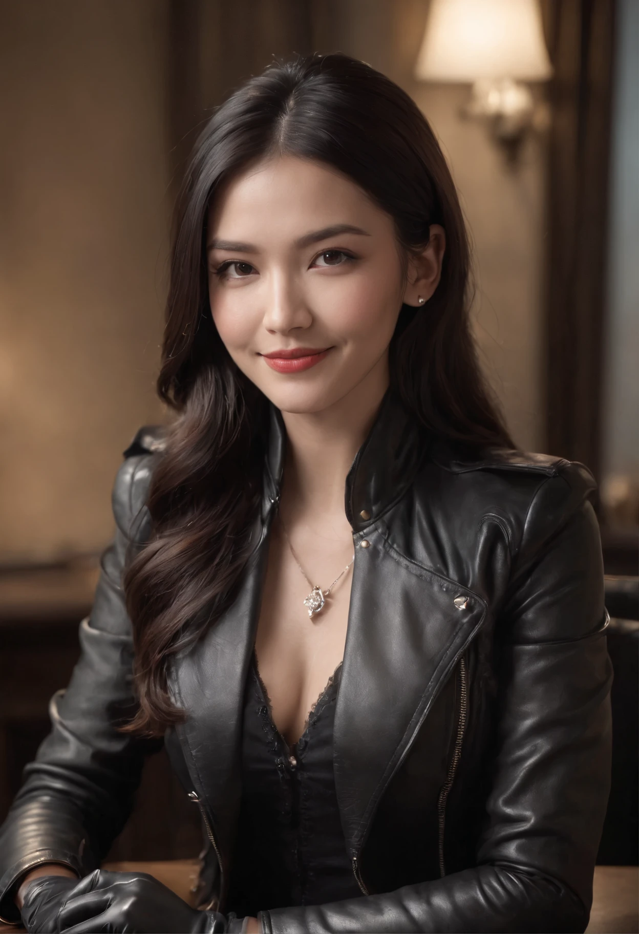 Wearing black leather gloves in both hands, upper body, black leather riders jacket, necklace on the chest, smiling at the desk in the modern study in the dark, long and straight black hair, young Japanese woman (black leather gloves covering both hands) with the fingers of black leather gloves, sitting on the chair, working on the computer, staring at the screen