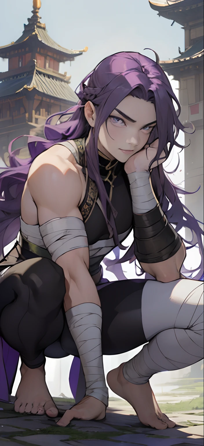 Purple hair with accentuated forehead, Long hair, curls, Leave 2 hairs around the face, Bright purple eyes, crouching down, Scenery of Shanghai, castle, Bandaged all over his right arm, White armor, Black Leggings ,Barefoot.