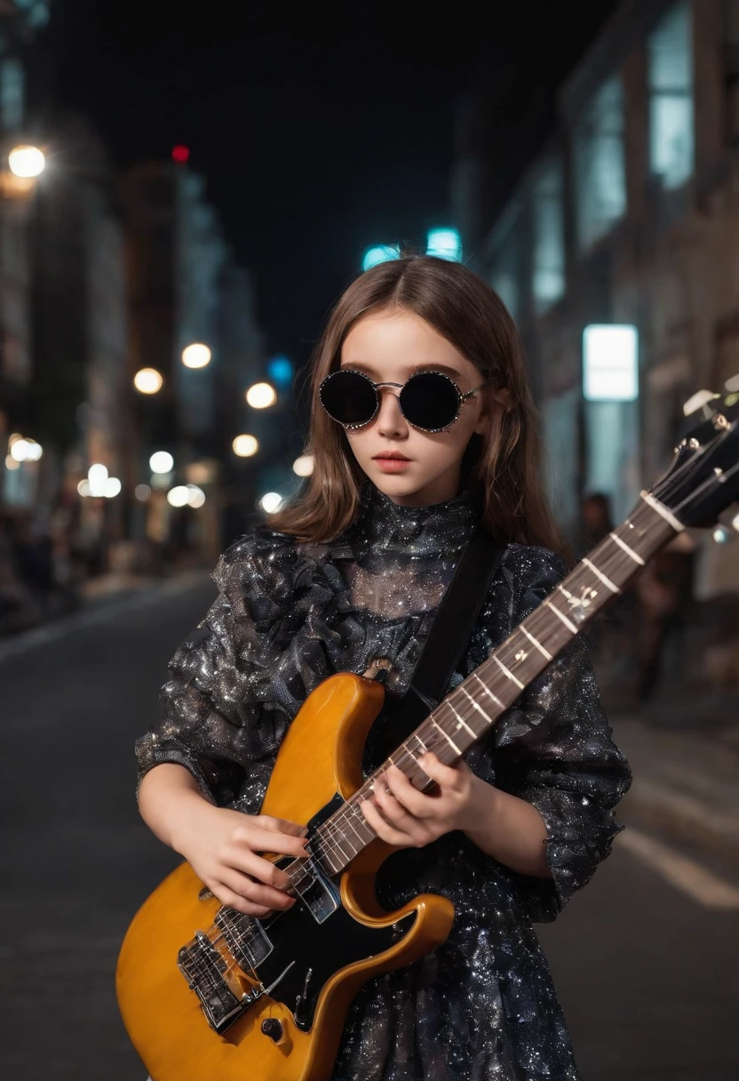 blind girl kids, black sunglas, playing guitar, street performance, night, nebulae
