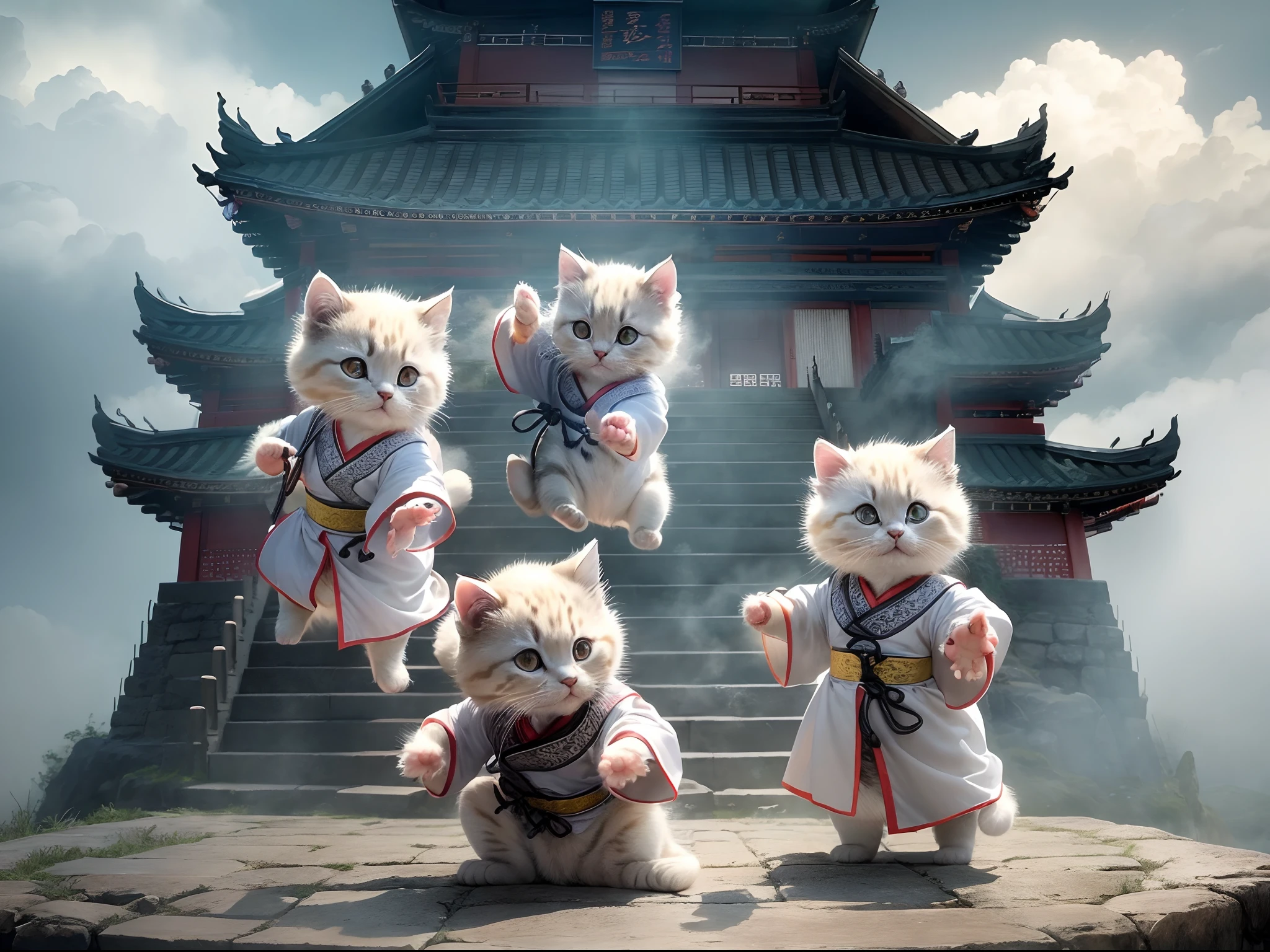 Cute kittens are practicing Chinese Kung Fu in Taoist robes, surrounded by clouds and mist, on Wudang Mountain, photorealistic, movie camera, cinematic, light effects, particle effects, rich details