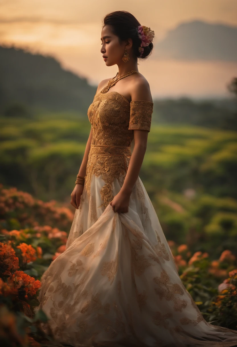 Myanmar girl big ass myanmar dress flower drawing in great detail, Soft lighting glow effect, cinematic look, beautiful hair