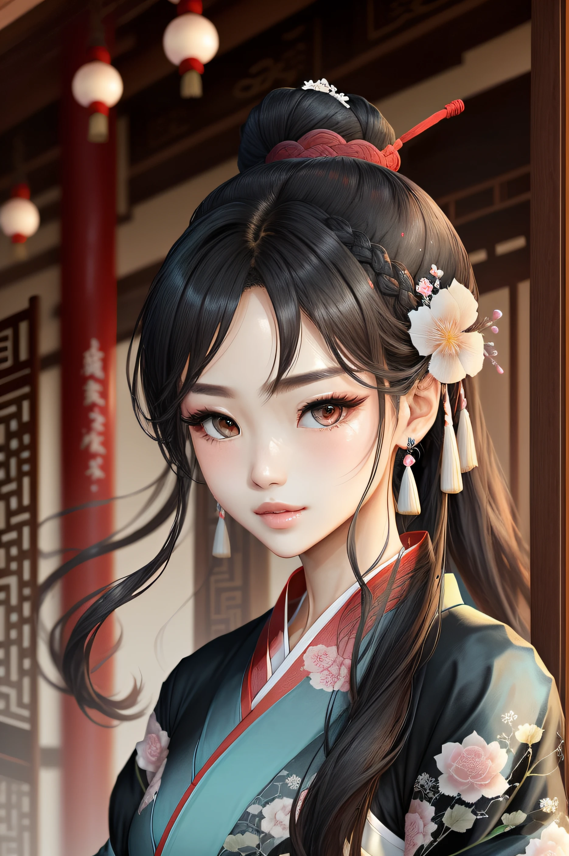 colorful, master’s work, she typically has a youthful appearance, delicate features, flawless skin. bishoujo girl, elegance and grace, and they exude a captivating aura that draws people in. black tang dynasty hanfu, trendy hairstyles, and a touch of glamour. epitome of beauty and femininity. 1girl
