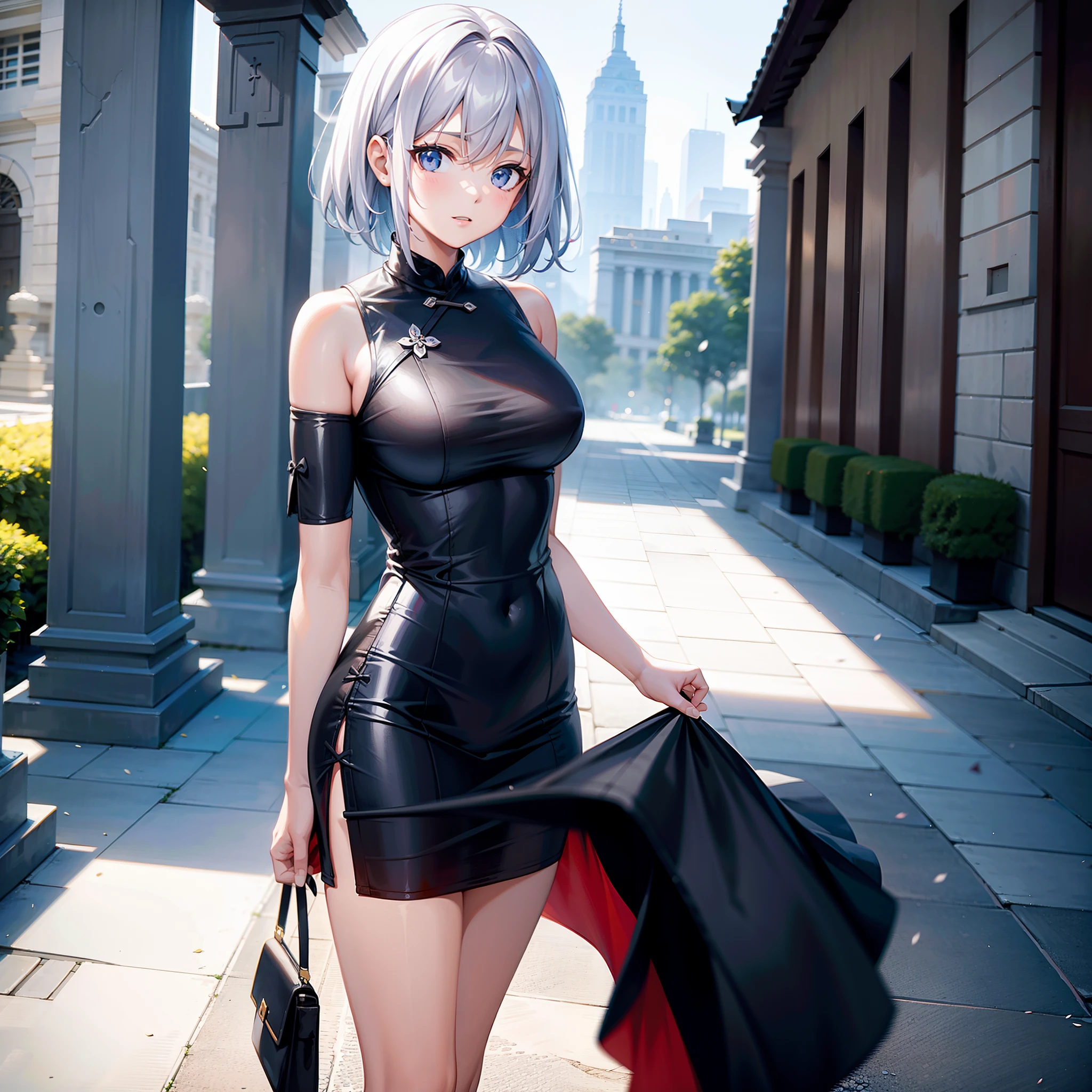 1girll,cabelos preto e longos,on cheongsam,In front of the ancient building