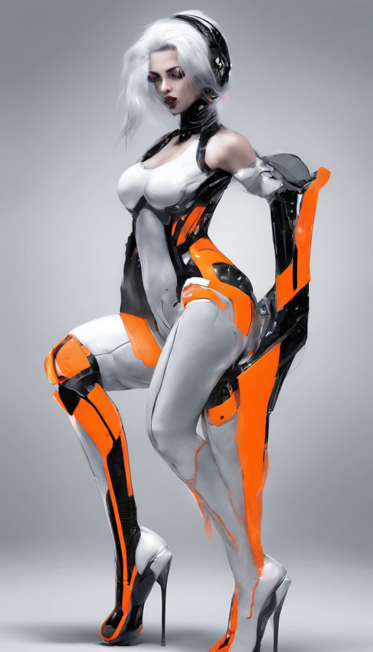 Particularly tall and strong women，A long white hair was scattered on the ground，Perfect looks，Particularly large breasts hang down in front of you，Mechanically transparent waist，Unbelievably exaggerated huge ass，Very wide crotch，Unbelievably exaggerated, particularly long muscular legs occupy two-thirds of the body，A pair of cyber-style gorgeous heels，Ultimate perfection in detail，Full body shot from head to toe