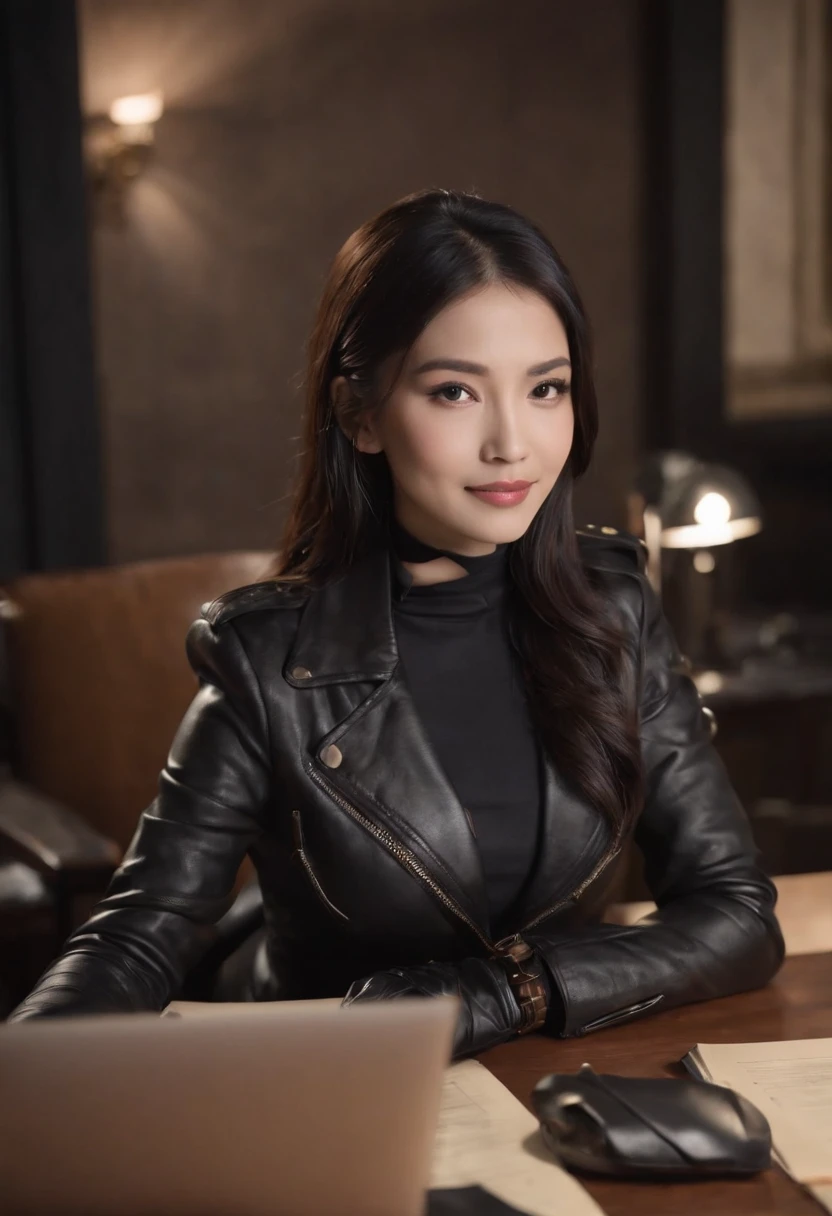 Wearing black leather gloves in both hands, upper body, black leather riders jacket, necklace on the chest, smiling at the desk in the modern study in the dark, long and straight black hair, young Japanese woman (black leather gloves covering both hands) with the fingers of black leather gloves, sitting on a leather chair, working on the computer, staring at the screen