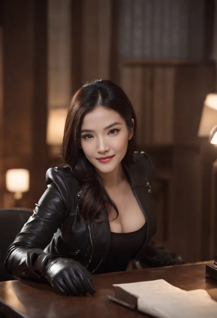 Wearing black leather gloves in both hands, upper body, black leather riders jacket, necklace on the chest, smiling at the desk in the modern study in the dark, long and straight black hair, young Japanese woman (black leather gloves covering both hands) with the fingers of black leather gloves, sitting on a leather chair, working on the computer, staring at the screen