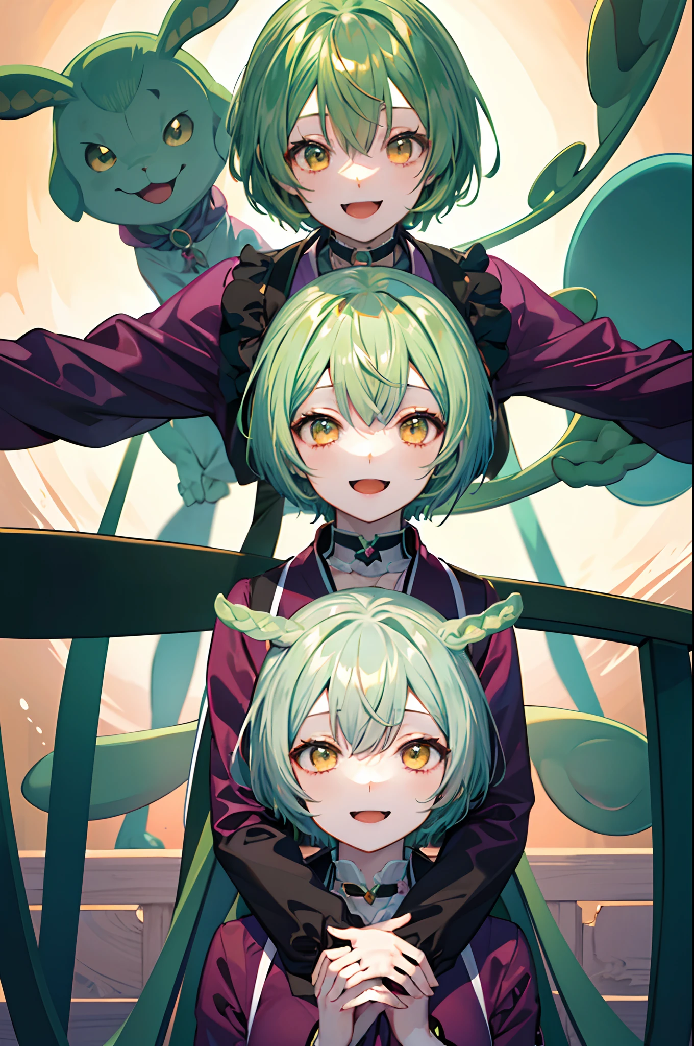 a beauty girl,Yellow-green hair,bobhair、short-hair、Gentle drooping eyes,large full breasts、校服,Manga style,fulcolor,hi-school girl,Calm and gentle face,Big smile、innocent smiles