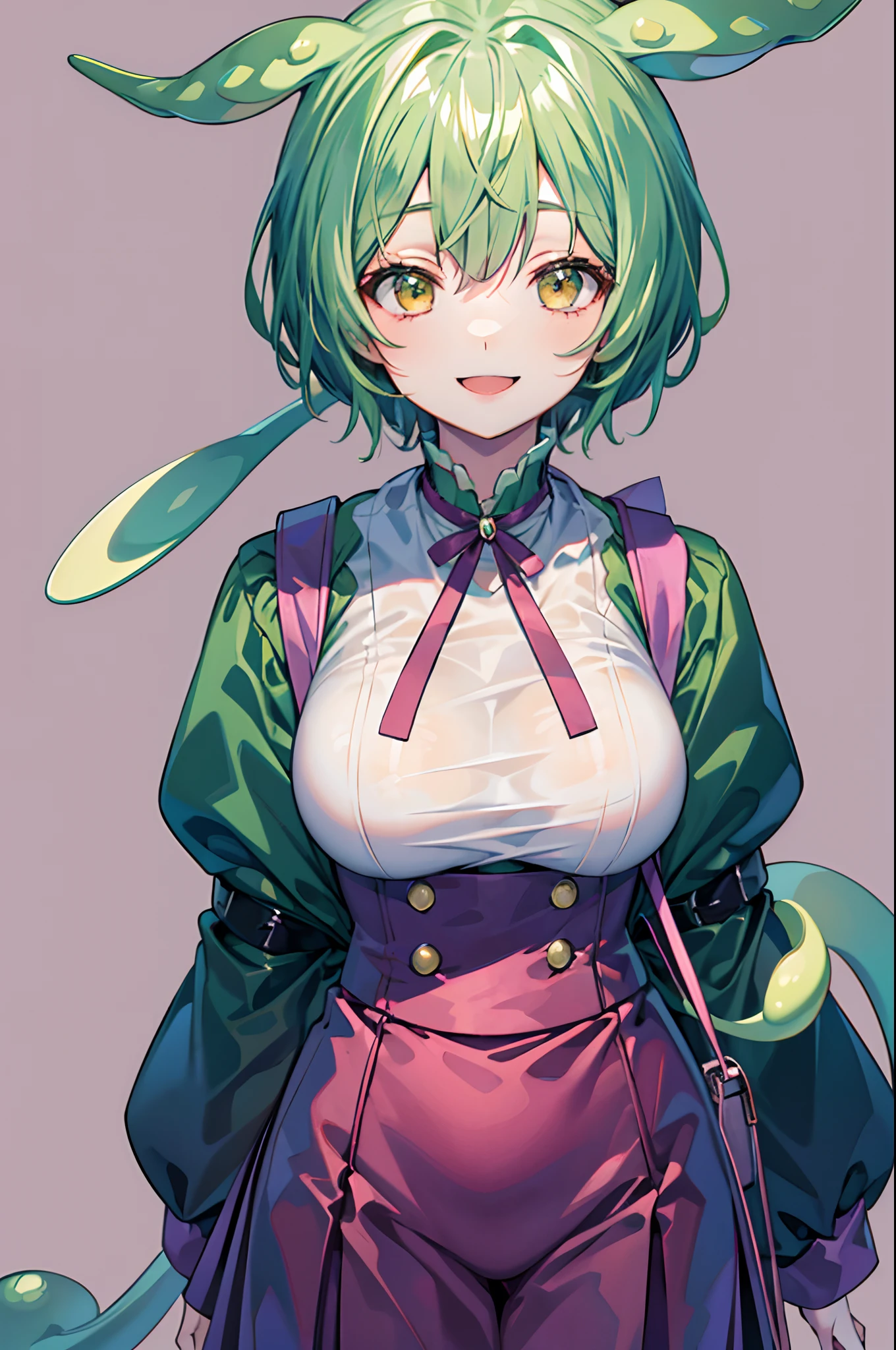 a beauty girl，Yellow-green hair，bobhair、short-hair、Gentle drooping eyes，large full breasts、校服，Manga style，fulcolor，hi-school girl，Calm and gentle face，Big smile、innocent smiles