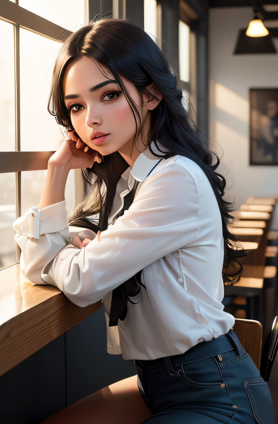 hermosa chica, Early 20s, tono de piel blanca, cabello rayado, brown eyes, con camisa negra, chaqueta de cuero negro, pantalones negros, in a café, 8k, Estilo oscuro, Miki Asai Macro Photography, hiper detallado, tendencias en Artstation, foco nítido, Foto de estudio, Detalles intrincados, Altamente detallado