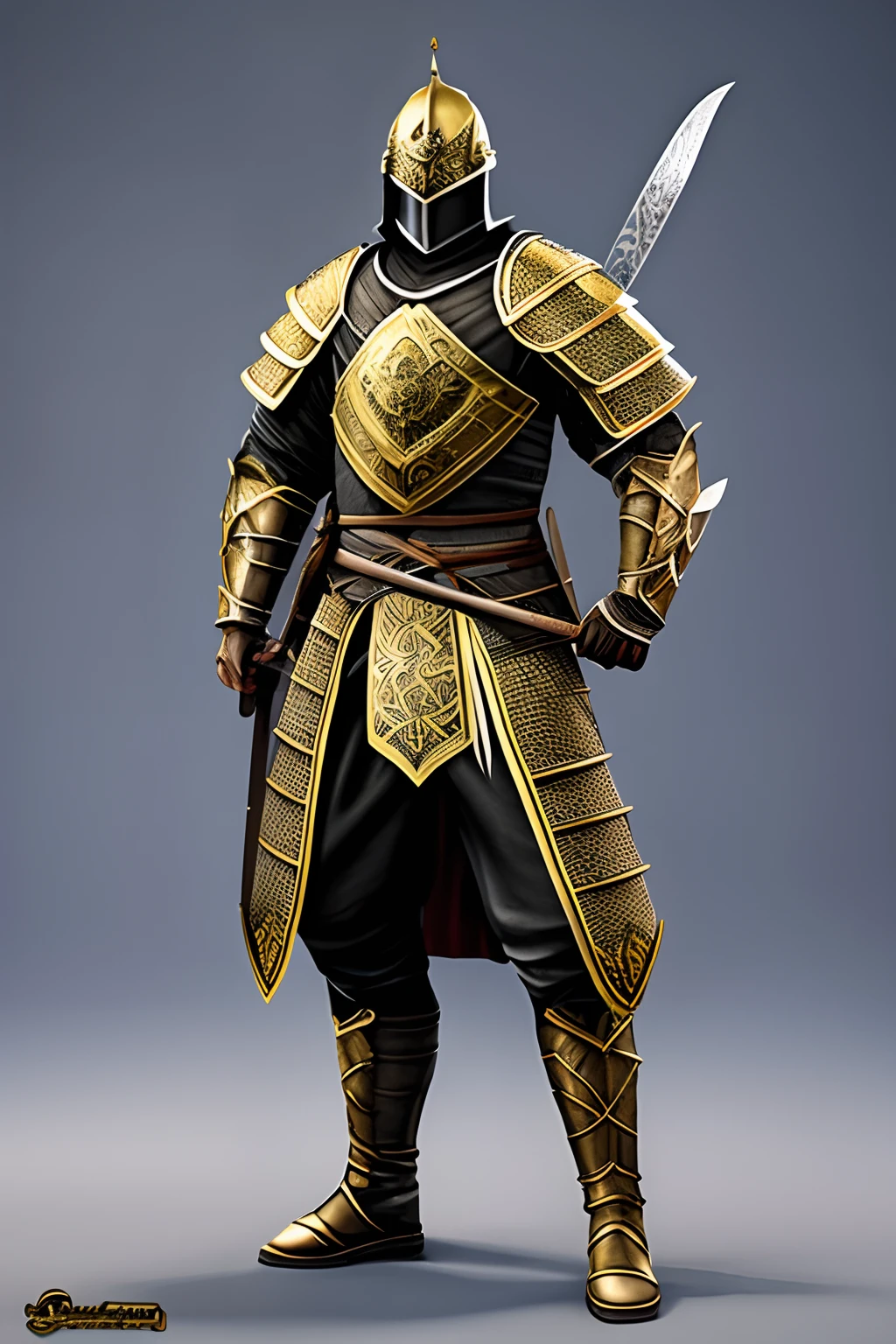 guerreiro medieval com armadura escondendo o corpo inteiro usando uma katana