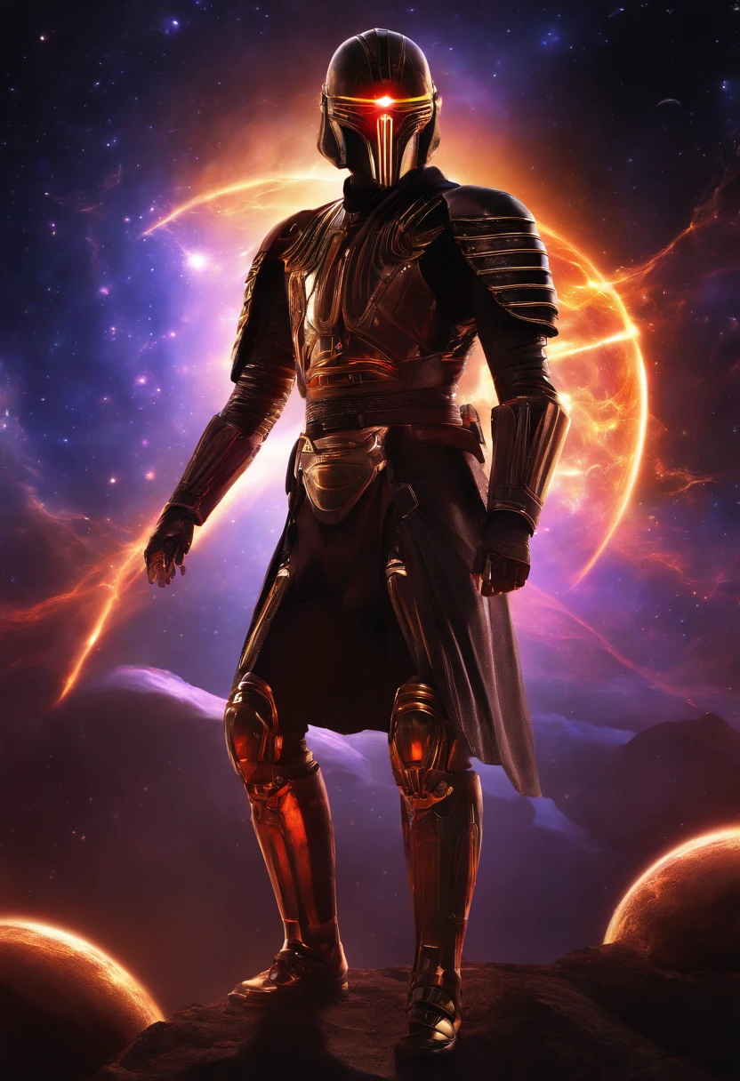 Cosmic Fallen Angel, glowing light eyes, Biomechanical, eerie, Creepy, nightmarish, Very bright colors, Light particles, with light glowing, Mshiff, wallpaper art, UHD wallpaper, anakin skywalker, 15 years, mechanical clothes, full body, front view