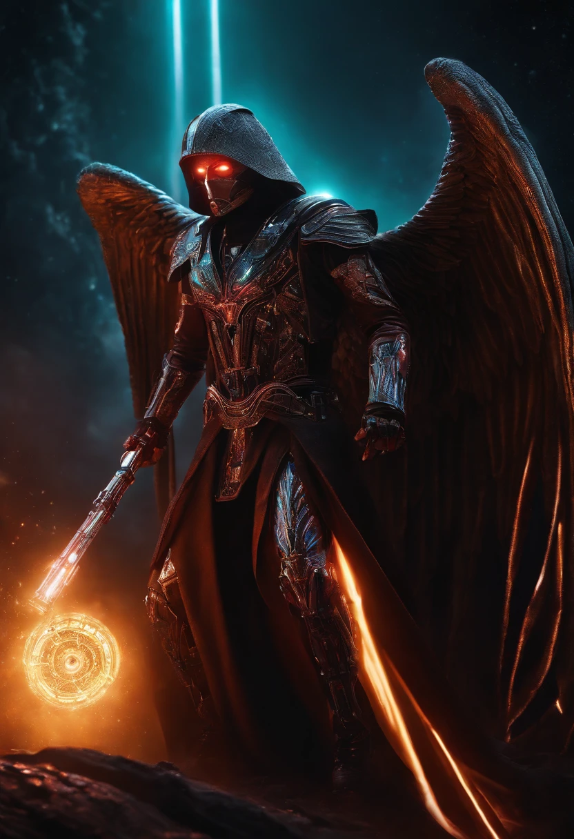 Cosmic Fallen Angel, glowing light eyes, Biomechanical, eerie, Creepy, nightmarish, Very bright colors, Light particles, with light glowing, Mshiff, wallpaper art, UHD wallpaper, anakin skywalker, 15 years, mechanical clothes, full body, front view