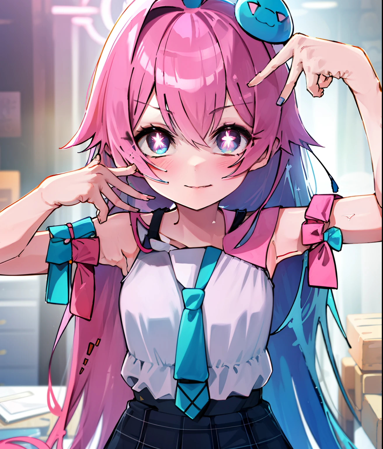Hoshino (blue archive), sit beside me, let's capture the essence of a dreamy anime waifu with a touch of ai's pose. Imagine her in a dynamic pose with purple pupils and mesmerizing starry eyes, 1980s \(style\)."