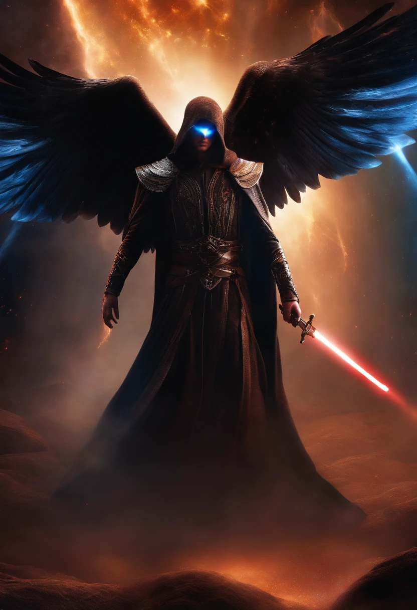 Cosmic Fallen Angel, glowing light eyes, Biomechanical, eerie, Creepy, nightmarish, Very bright colors, Light particles, with light glowing, Mshiff, wallpaper art, UHD wallpaper, anakin skywalker, 15 years, medieval clothes