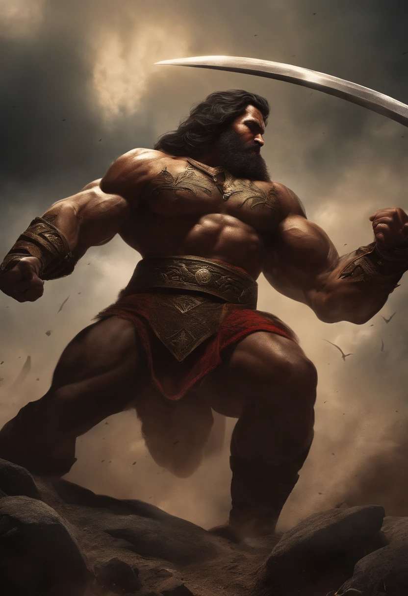 (a man fighting a giant),illustration, intense battle scene,heroic figure, epic confrontation, epic battle, towering giant, massive strength, determined and courageous, dynamic poses, powerful strikes, intense energy, pristine attention to detail, masterful shading, high-contrast lighting, vibrant colors, dramatic composition, gritty atmosphere, dark and moody tones