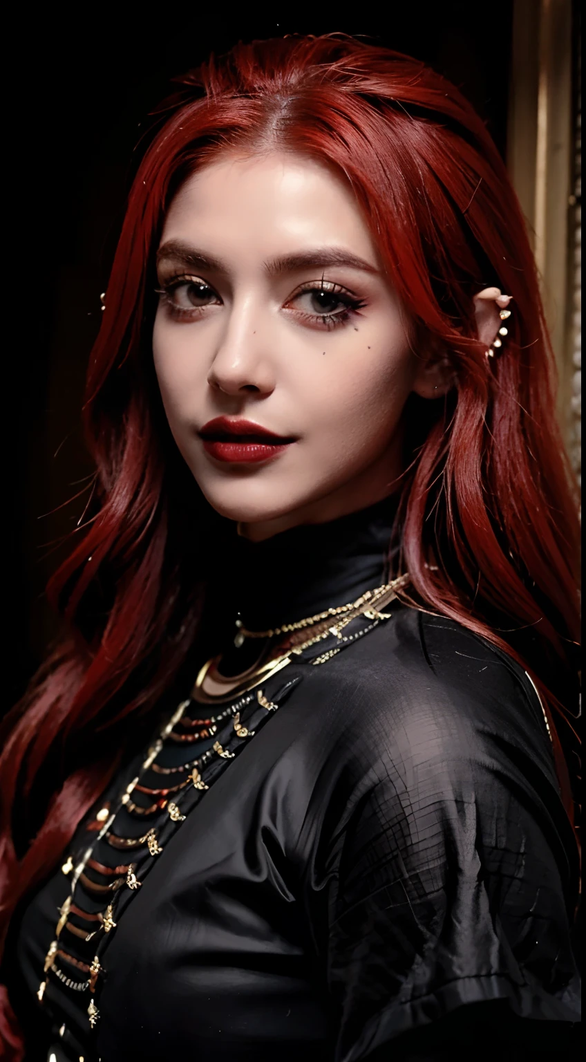 Tiefling, pele rosa, mulher, joias, piercing, pele colorida, cabelos brancos, olhos roxos, labios vermelhos, choker, goth, ornamento no chifre, armadura, ((master part, melhor qualidade)), chifres orelhas pontudas, maquiagem, (Rosto detalhado), cabelo curto, Corpo Inteiro