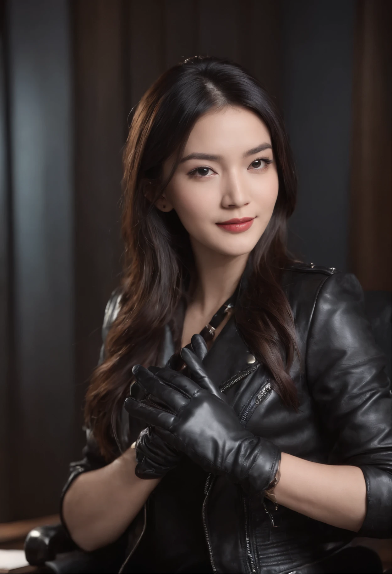 Wearing black leather gloves in both hands, upper body, black leather riders jacket, necklace on the chest, smiling at the desk in the modern study in the dark, long and straight black hair, young Japanese woman (black leather gloves covering both hands) with the fingers of black leather gloves, sitting on a leather chair, working on the computer, staring at the screen