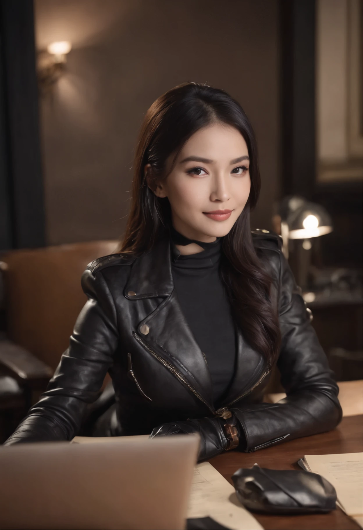 Wearing black leather gloves in both hands, upper body, black leather riders jacket, necklace on the chest, smiling at the desk in the modern study in the dark, long and straight black hair, young Japanese woman (black leather gloves covering both hands) with the fingers of black leather gloves, sitting on a leather chair, working on the computer, staring at the screen