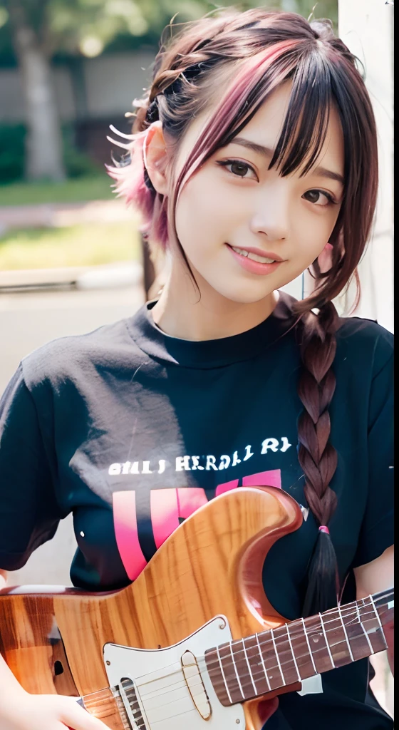 An 18-year-old woman,(hi-top fade:1.3), 18year old, teens girl,no tail,(no tail),2D, a closeup、faces、(A smile:1.5),(facing front:1.2), ​masterpiece, top-quality, animesque, A detailed eye, A detailed face, girl with, Only 1 person,Pink Hair Medium Hair, (Pink hair),  Ear Hair, small tits, Single braid, (Single braid), (Side braid), (Playing the Red Electric Guitar, 6 strings), Dark theme, Muted colors, High contrast, (Tuttos skin texture, Hyper-Realism, Soft light, sharp), Psychedelic T-shirt,