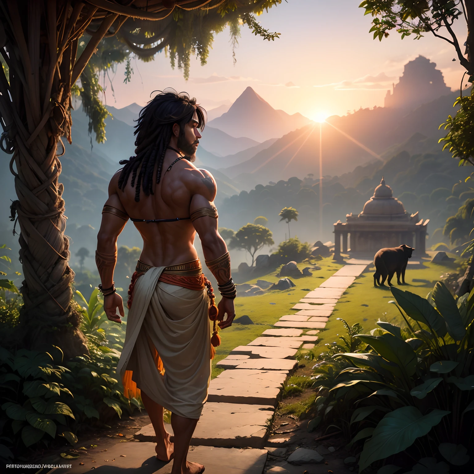 Wide angle view of young lean muscular Indian Hindu man (Mowgli) with dreadlock hair walking with his back in the jungle, old ruined Hindu temple in the background, sunset, black panther walking with his back at the right side of the man, black bear walking with his back at left side of the man, cinematic lights, hyper realistic, 4K quality, unreal engine, captured with professional dslr camera, sharp detailed photography