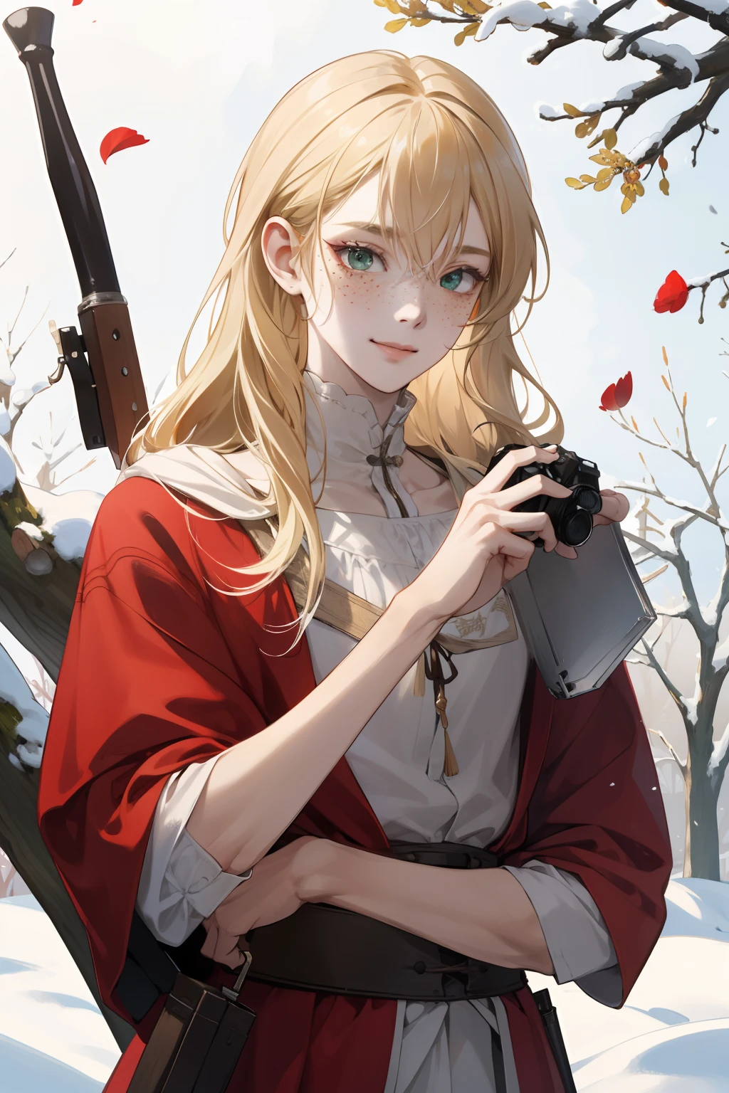 (absurdres, highres, ultra detailed), masterpiece, fine detail, 4k, 8k, 12k, solo, nsfw, masterpiece, best quality, artstation, ultra-detailed, semi-realistic, anime, detailed facial features, 1boy, male, blonde, (long hair), detailed hair, (Freckles), pale green soft eyes, wearing red hood, (medieval) commoner clothes, (pale skin), (old fairy tale), (Little Red Riding Hood), forest, (shy smile), dynamic pose, shy, blush (blushing cheeks), nervous, cute, young, looking at viewer, Basket, Gun. (Shotgun), camera up, extremely detailed CG unity 8k wallpaper, intricate details, BREAK , kaleidoscopic imagery, symmetrical patterns, vibrant colors, geometric shapes, mesmerizing designs, optical illusions, dynamic composition BREAK , pantomime art, expressive body language, silent storytelling, evocative gestures, visual narratives, theatrical performances BREAK , blooming flowers, colorful petals, fragrant scents, nature's bounty, vibrant snow, peaceful scenery, Snow Background, Snow and grass