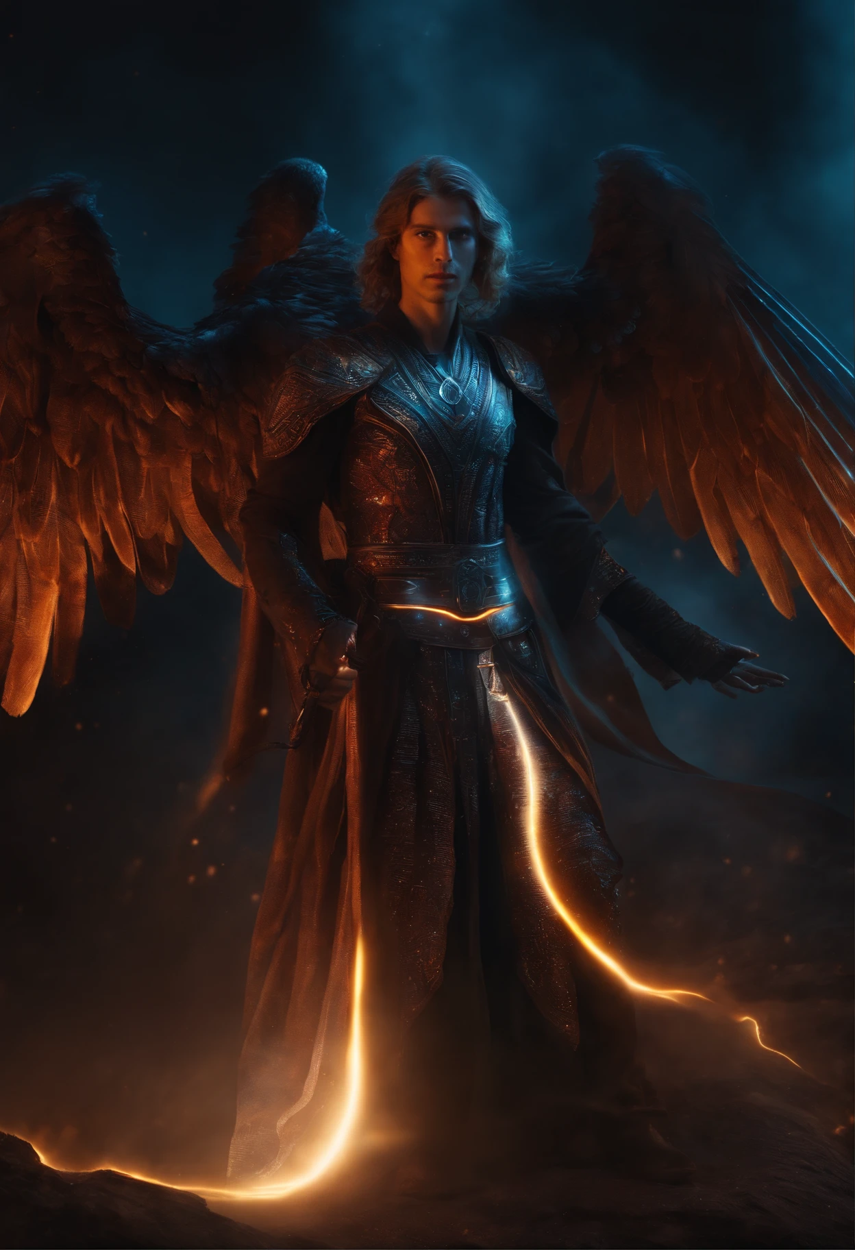 Cosmic Fallen Angel, glowing light eyes, Biomechanical, eerie, Creepy, nightmarish, Very bright colors, Light particles, with light glowing, Mshiff, wallpaper art, UHD wallpaper, anakin skywalker, 15 years, medieval clothes