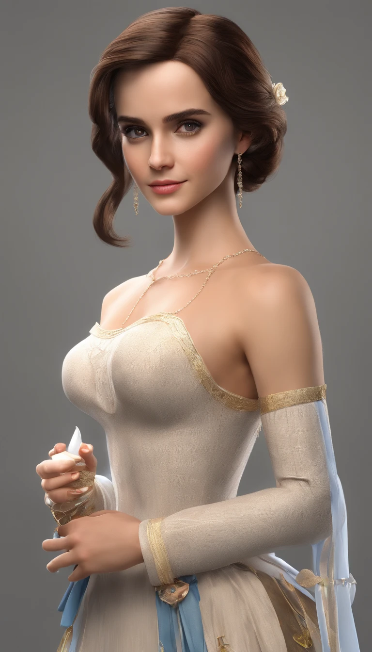(Emma Watson as Snow White, (full body), ultra-detailed eyes, ultra-detailed body, nice perfect face with smooth skinice, stunning female body, ((ultra-detailed hands)), masterpiece concept fantasy art, trending on Artstation, hyper-detailed, digital art, unreal engine, 32k, ultra HD, image centered,