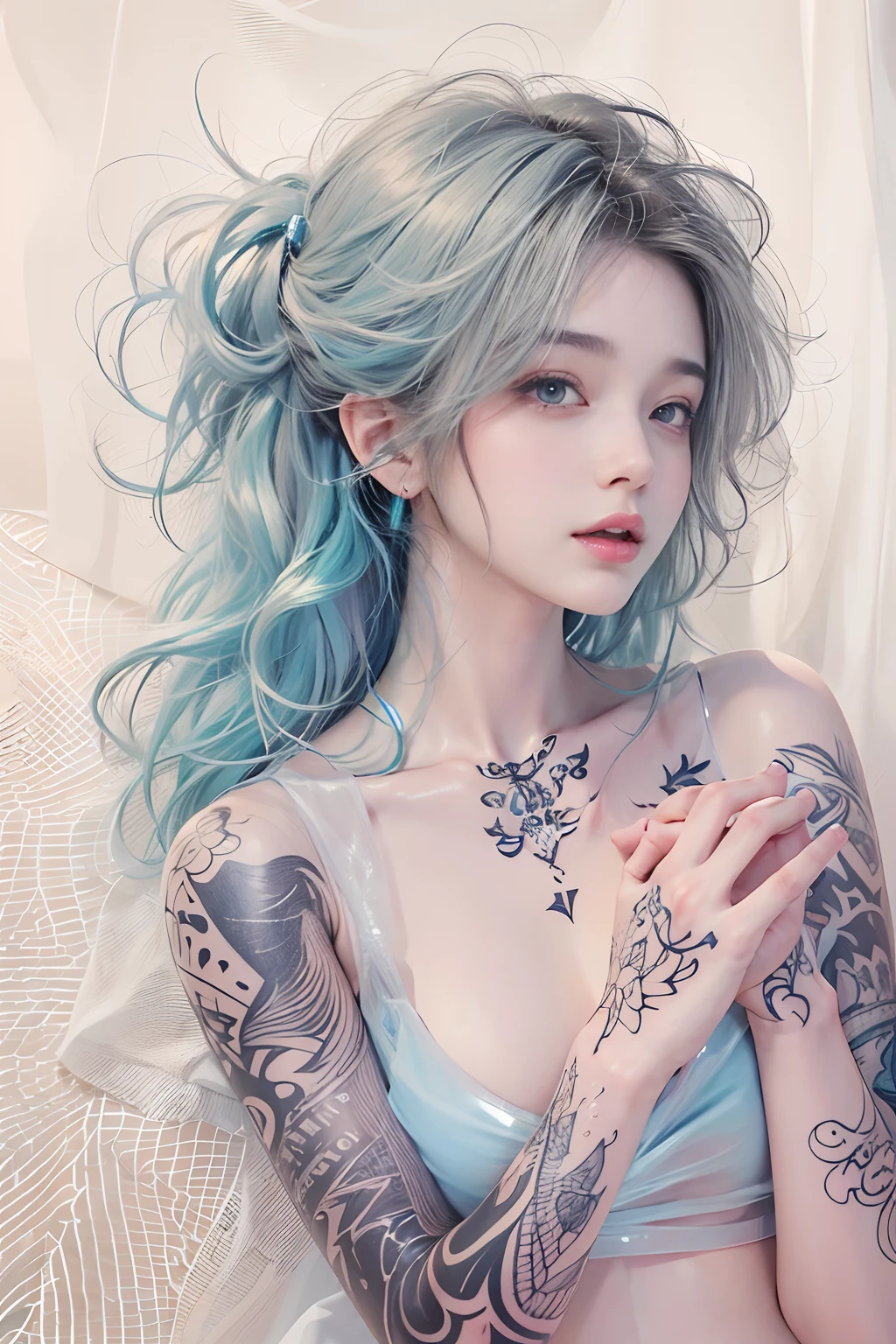 ((single, 1 girl, 16 years old, tattoos, shiny eyes, white fluffy), (full length), (sexy topless), (black transparent dress), (sexy, erotic, spread your legs))_((tender scarlet lips), (straight black hair - long, blue, cascading), (multicolored shiny hair), (cool shine, Wet straight hair))_((simple color palettes), (pastel colors, kawaii, Cute colors, clean)) _((sexy, erotic), (nsfw), (simple, minimal accessories), (Necklaces and thin rings made of silver or gold.), (simple bracelets, distinctive design, simple silhouettes), (simple and erotic style))_ ((BACKGROUND), (abstraction-minimalism), (fresh, color fill, wide stroke), (stunning flowers), (lilies, skulls, extremely unusual, long stems - large stems)).