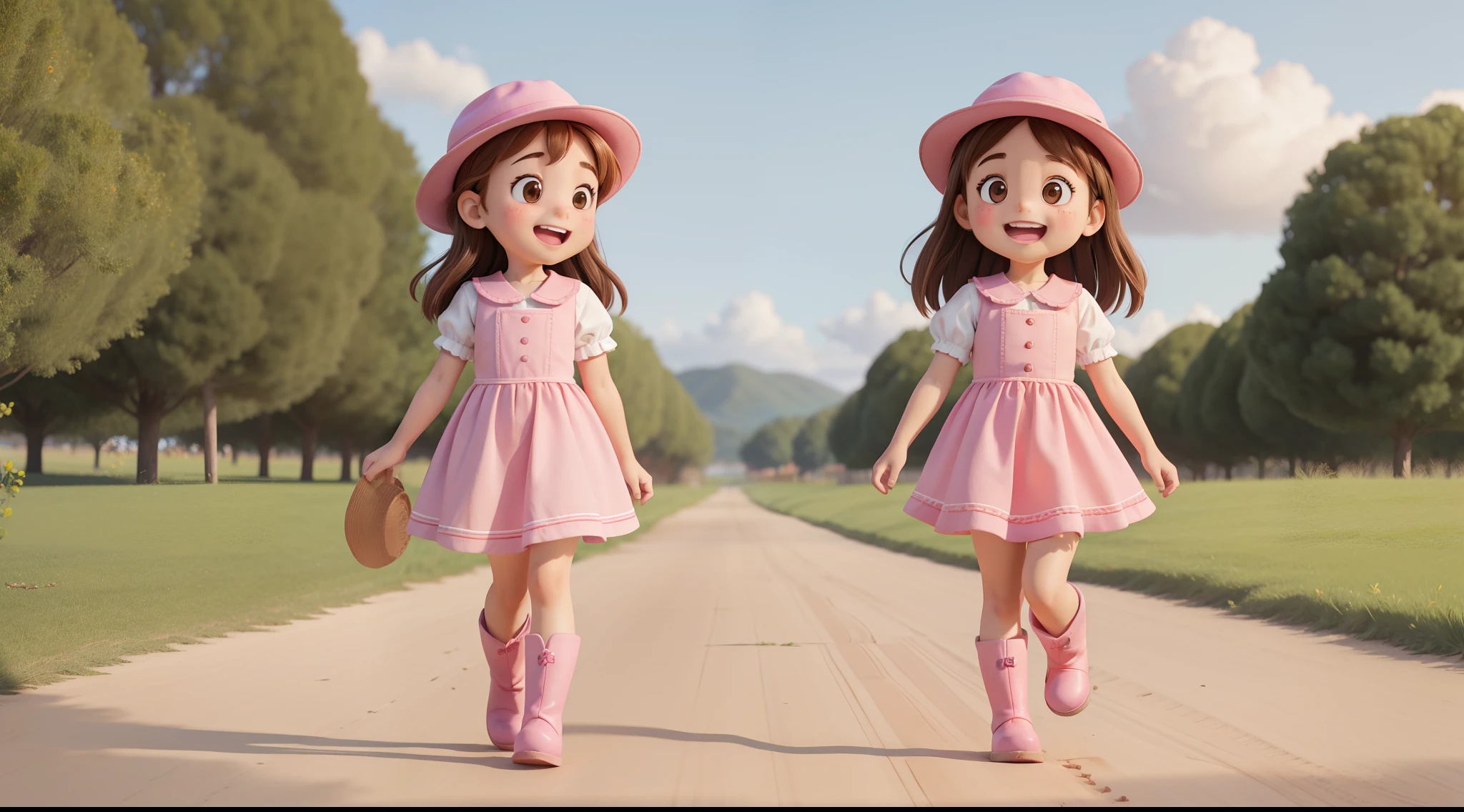 "A little girl walking, character animation frames, with an identical character design in each frame. The little girl is alone, happy, with brown hair, brown eyes, rosy cheeks, wearing a pink farm outfit, a pink hat, pink boots, and a white background."