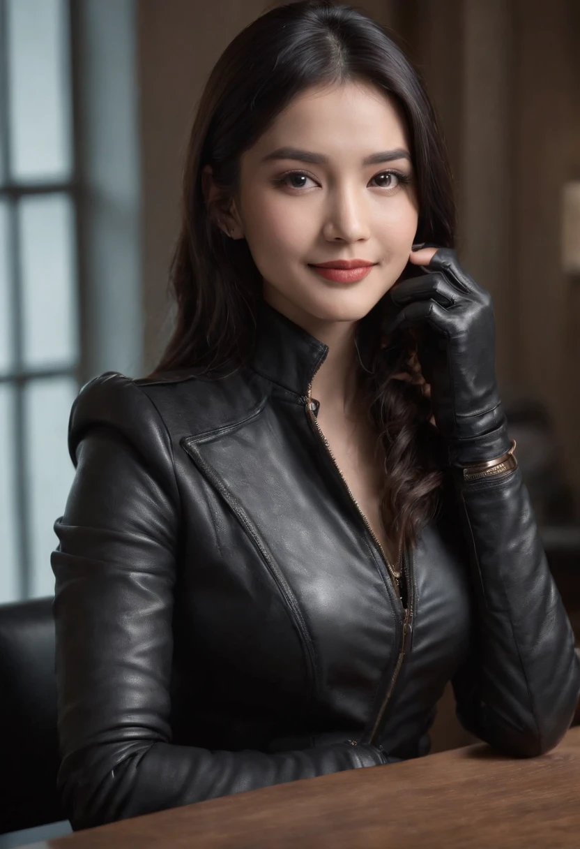Wearing black leather gloves in both hands, upper body, black leather riders jacket, necklace on the chest, smiling at the desk in the modern study in the dark, long and straight black hair, young Japanese woman (black leather gloves covering both hands) with the fingers of black leather gloves, sitting on a leather chair, working on the computer, staring at the screen
