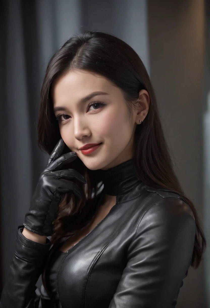 Wearing black leather gloves in both hands, upper body, black leather riders jacket, necklace on the chest, smiling at the desk in the modern study in the dark, long and straight black hair, young Japanese woman (black leather gloves covering both hands) with the fingers of black leather gloves, sitting on a leather chair, working on the computer, staring at the screen