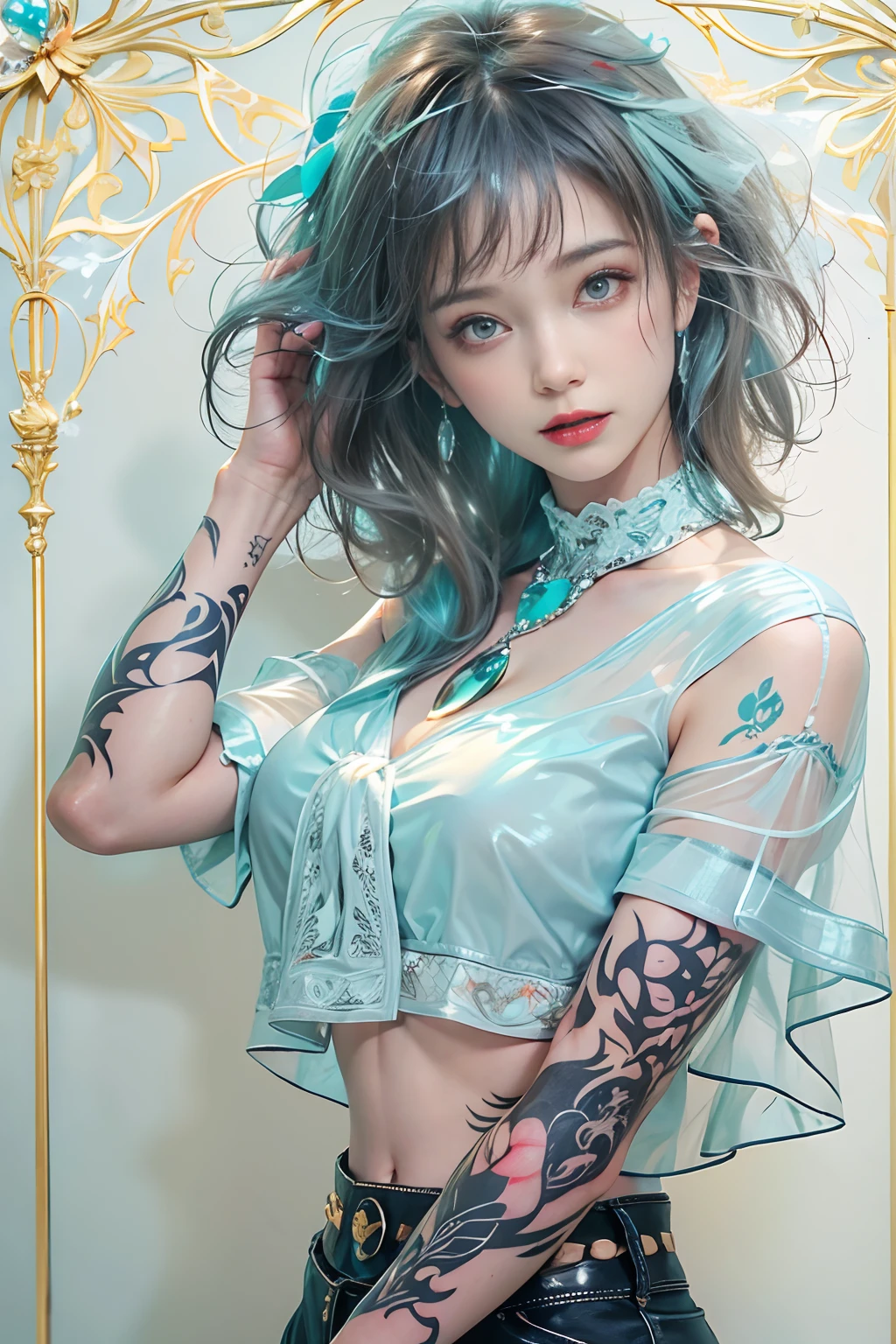 Side ponytail, ((Nahida \ (Genshin Impact\))), multicolored hair, (hair between the eyes)), gray hair, green hair, green eyes, ((flat chest)), (photorealistic: 1.4), (masterpiece: 1.4), (best quality: 1.4), 1 girl, ultra high resolution, (((detailed facial features)), (((full body)), small hands, Kpop idol, egyosar,, ( ulzzang-6500-v1.10.66),((Cruciform pupil)),When you look at the viewer,((Pointed ears)),(Sunlight),(Beach: 1.31)(Wed: 1.41),Standing on one leg,From the side,(((Flat chest)),Plane of symmetry,Between legs