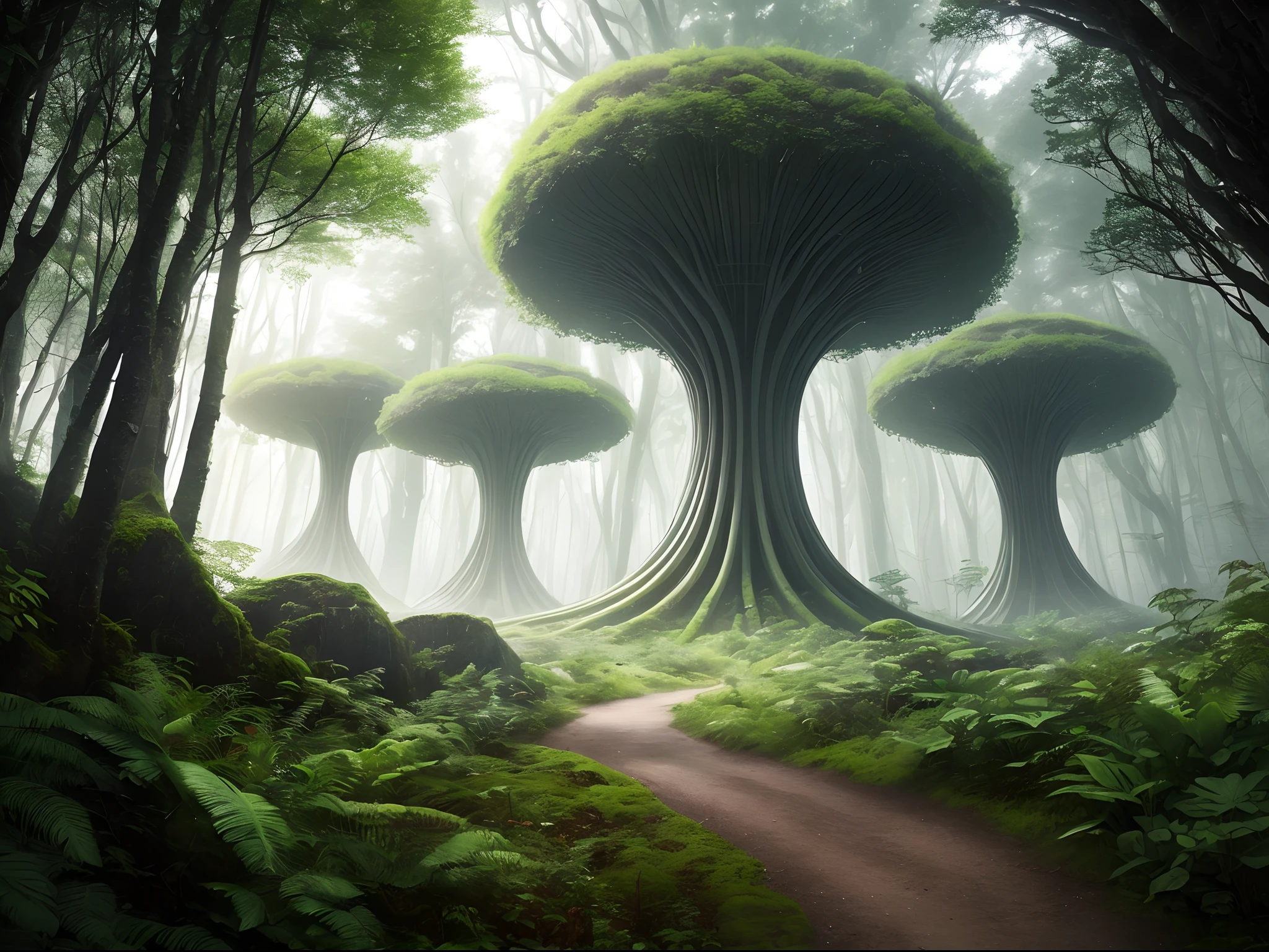 Por favor, Create an image that represents the fusion of natural and technological elements. Imagine a scenario in which a dense forest blends harmoniously with high-tech elements, such as holograms or futuristic structures. The color palette should balance organic tones of nature with vibrant, futuristic tones. This image should convey a sense of balance between the natural world and technological advancement. Make sure the composition is visually appealing and unique.