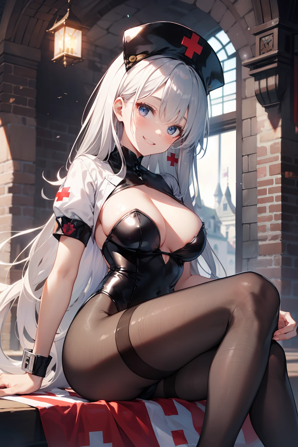 top-quality、Full limbs、complete fingers、Slender beauty、a 25yo woman、straight haired、Silvery head hair、((Black Nurse Leotard))、((Black nurse hat))、Red Cross、Brown pantyhose、A big smile、in a castle、sexypose