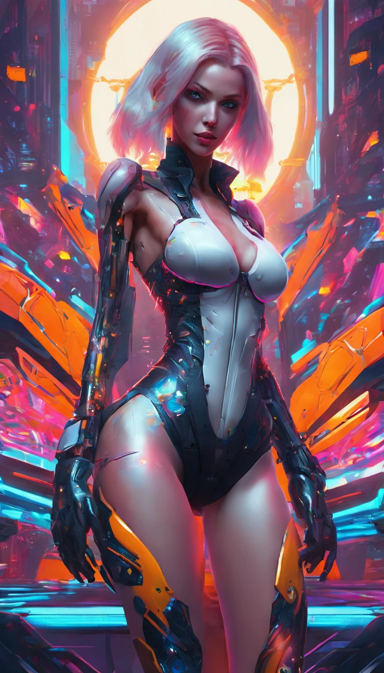 looking down on the camera，(Best quality,4K,A high resolution,Ultra-detailed:1.2),Vivid colors,Sharp focus,Physically-based rendering,Extreme detail description,professional,Portrait,Mechanical transparent waist,Long white cascading hair,Perfect facial features,Incredible breasts hang in front of you, Unbelievably exaggerated big buttocks, Wide hips, Incredibly long muscular legs take up two-thirds of the body,A pair of glamorous heels in cyberstyle,Unbelievable,Extremely detailed eyes and face,Long eyelashes, Confident and powerful facial expressions,Stand in the futuristic garden, Vibrant surrounding, Colorful flowers and plants,The soft sunlight casts a warm glow on the site.