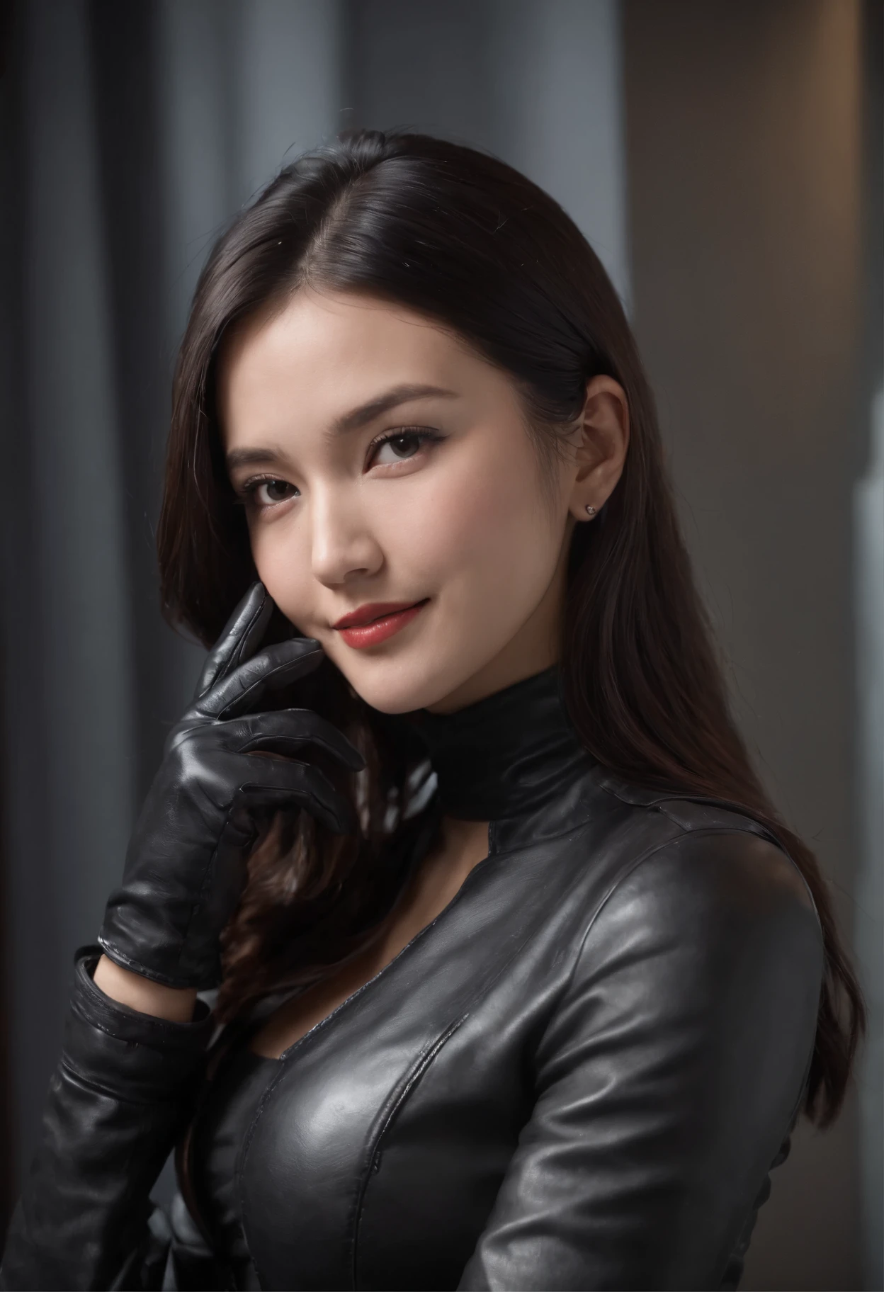 Wearing black leather gloves in both hands, upper body, black leather riders jacket, necklace on the chest, smiling at the desk in the modern study in the dark, long and straight black hair, young Japanese woman (black leather gloves covering both hands) with the fingers of black leather gloves, sitting on a leather chair, working on the computer, staring at the screen