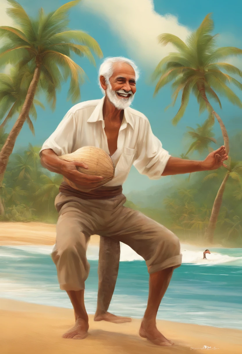 old man,wringkle, happy, white plain shirt, playing jimbe, waves, coconut tree