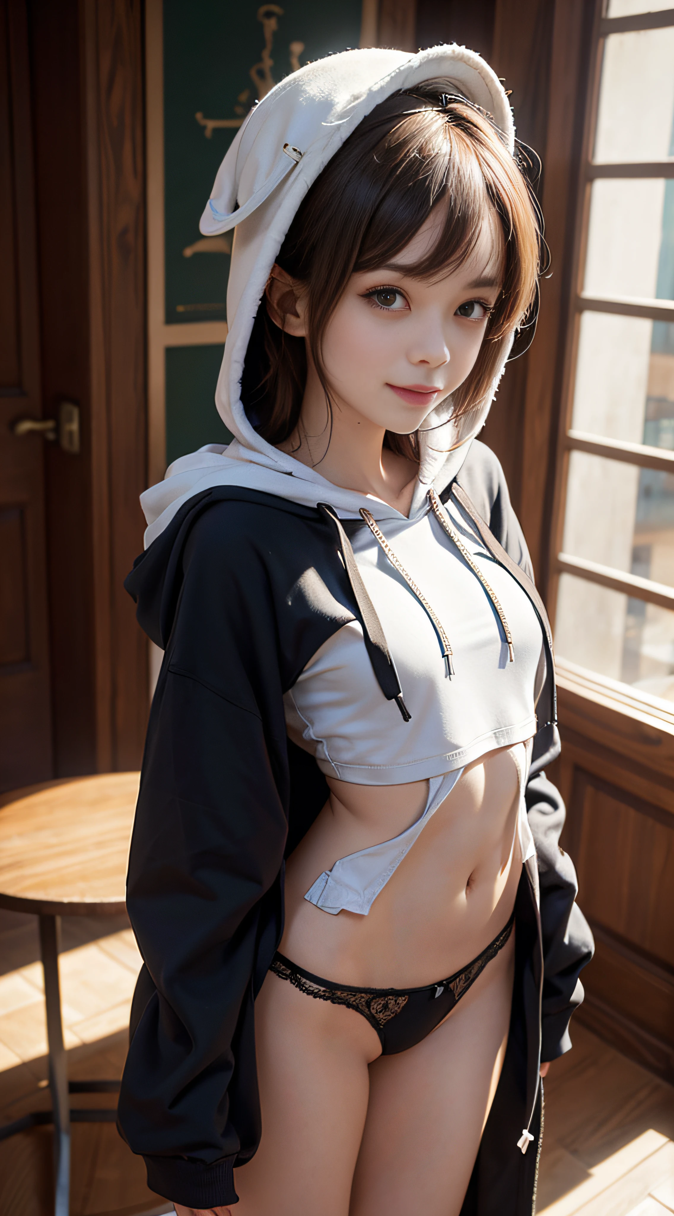 (NSFW), 1womanl, Solo, 24 year old, (cute face), (Ideal ratio body proportions), livingroom, (((Hoodie))), (((Do not wear the hood on your head))), ((The upper body is reliably dressed)), (((panties on))), ((The lower part of the body is bare)), Smiling smile, The costume is sheer, Wet, short-hair, Dark hair, small tits, A slender, Small buttocks, Skinny Legs, surrealism, Cinematic lighting, depth of fields, One-person viewpoint, F/1.8, 135 mm, nffsw, masutepiece, ccurate, Anatomically correct, Textured skin, Super Detail, high details, High quality, awardwinning, Best Quality, hight resolution, 8K
