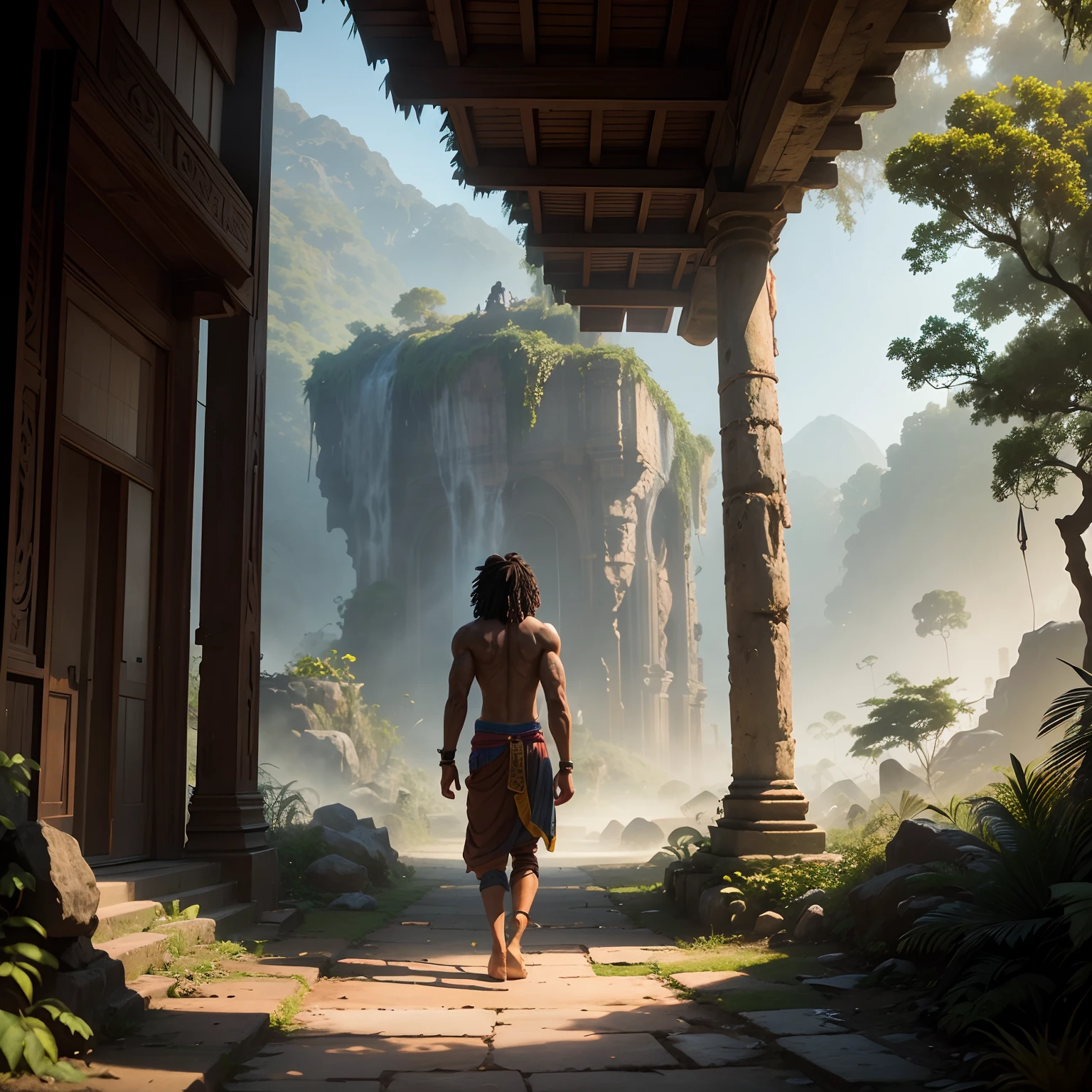 Wide angle view of young lean muscular Indian Hindu man (Mowgli) with dreadlock hair walking with his back in the jungle, old ruined Hindu temple in the background, sunset, black panther walking with his back at the right side of the man, black bear walking with his back at left side of the man, cinematic lights, hyper realistic, 4K quality, unreal engine, captured with professional dslr camera, sharp detailed photography