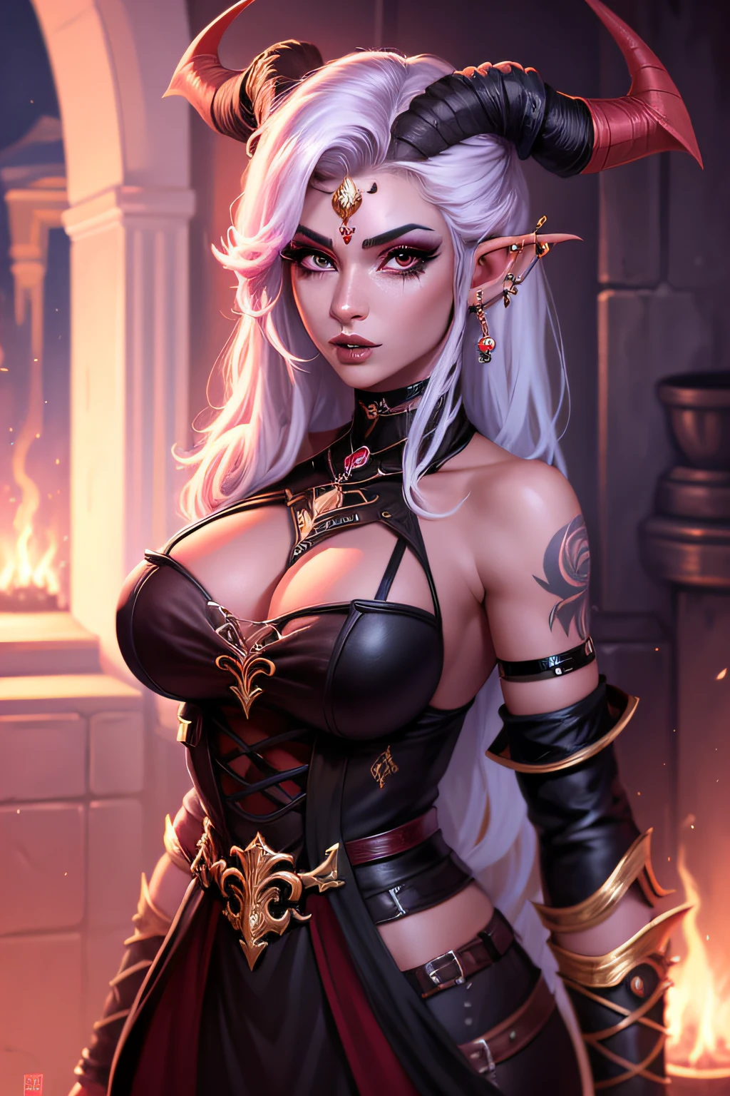 Tiefling, pele rosa, mulher, joias, piercing, pele colorida, cabelos brancos, olhos roxos, labios vermelhos, choker, goth, ornamento no chifre, armadura, ((master part, melhor qualidade)), chifres orelhas pontudas, maquiagem, (Rosto detalhado), cabelo curto, Corpo Inteiro