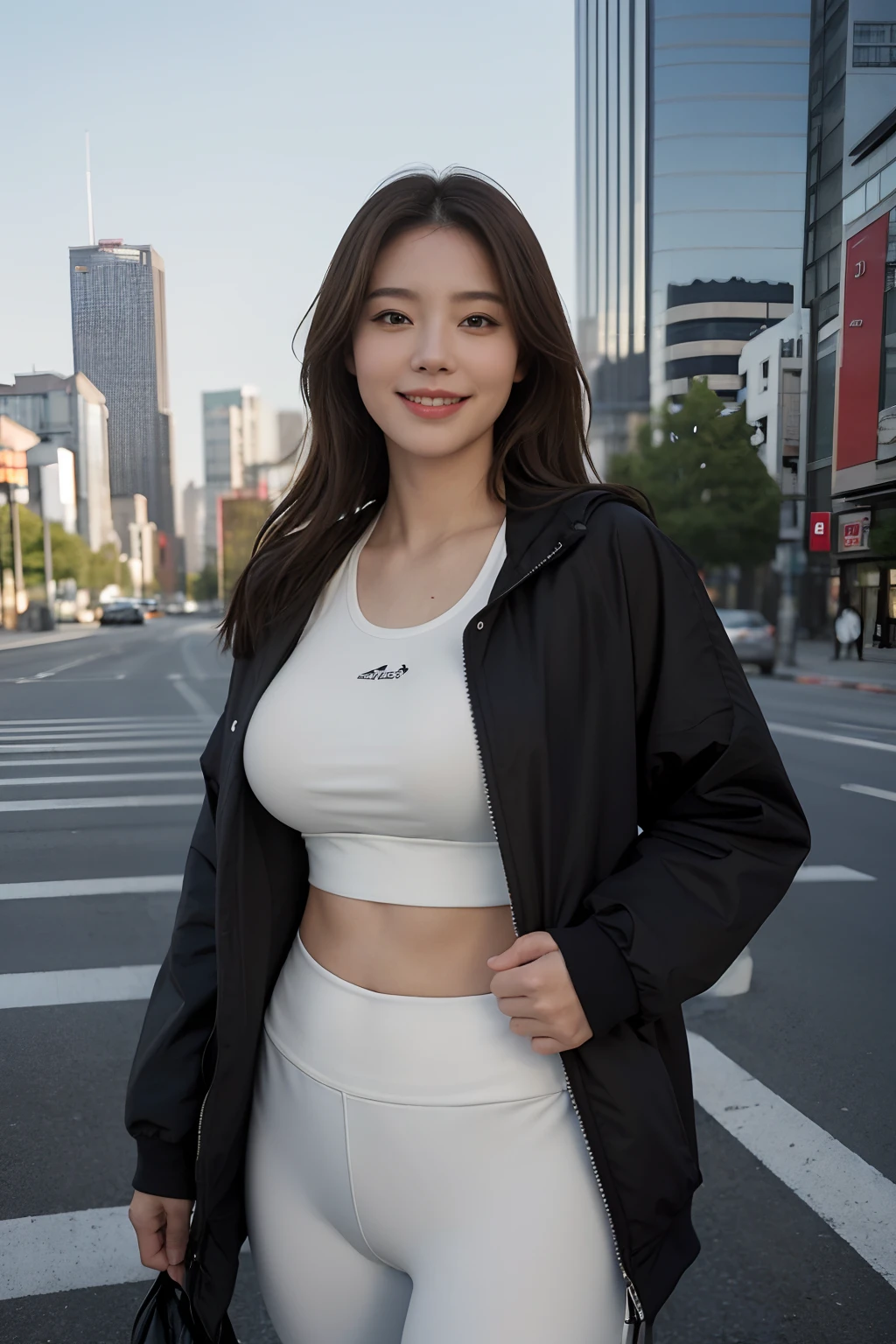 Best Quality, 超A high resolution, (Realistic、Photorealistic:1.4), 1girl in, Loose oversized black jacket, White Sports Bra, (yoga pant:1), (light brown hair:1.2), l Looking at the viewer, Smiling, Fat Body, A city scape, urbane, makeup, Wide Angle、transistor glamor、goddess of Japan、