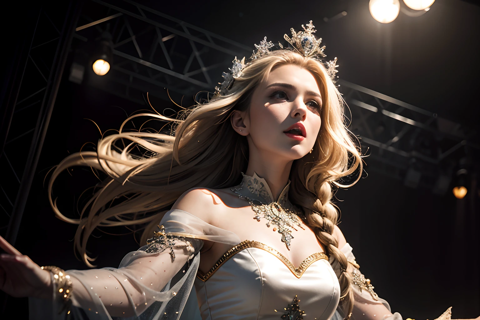 frozen musical digital illustration, 1 girl is white skin is singing on the stage, small and sharp face, queen's crown, white skin, white blond with hair glowing audience with stage background intricate detail, intricate elaborate rococo dress of snowflake inspire, exudes realism, (((middle range))), cinematic still and angle, oil painting, (intricate detailed texture:1.1), 32k resolution, (highest quality:1.1), (smooth and flowless skin:1.3), tonal contrast, (insane details:1.1), grand atmosphere, radiosity, intricate detail texture,
