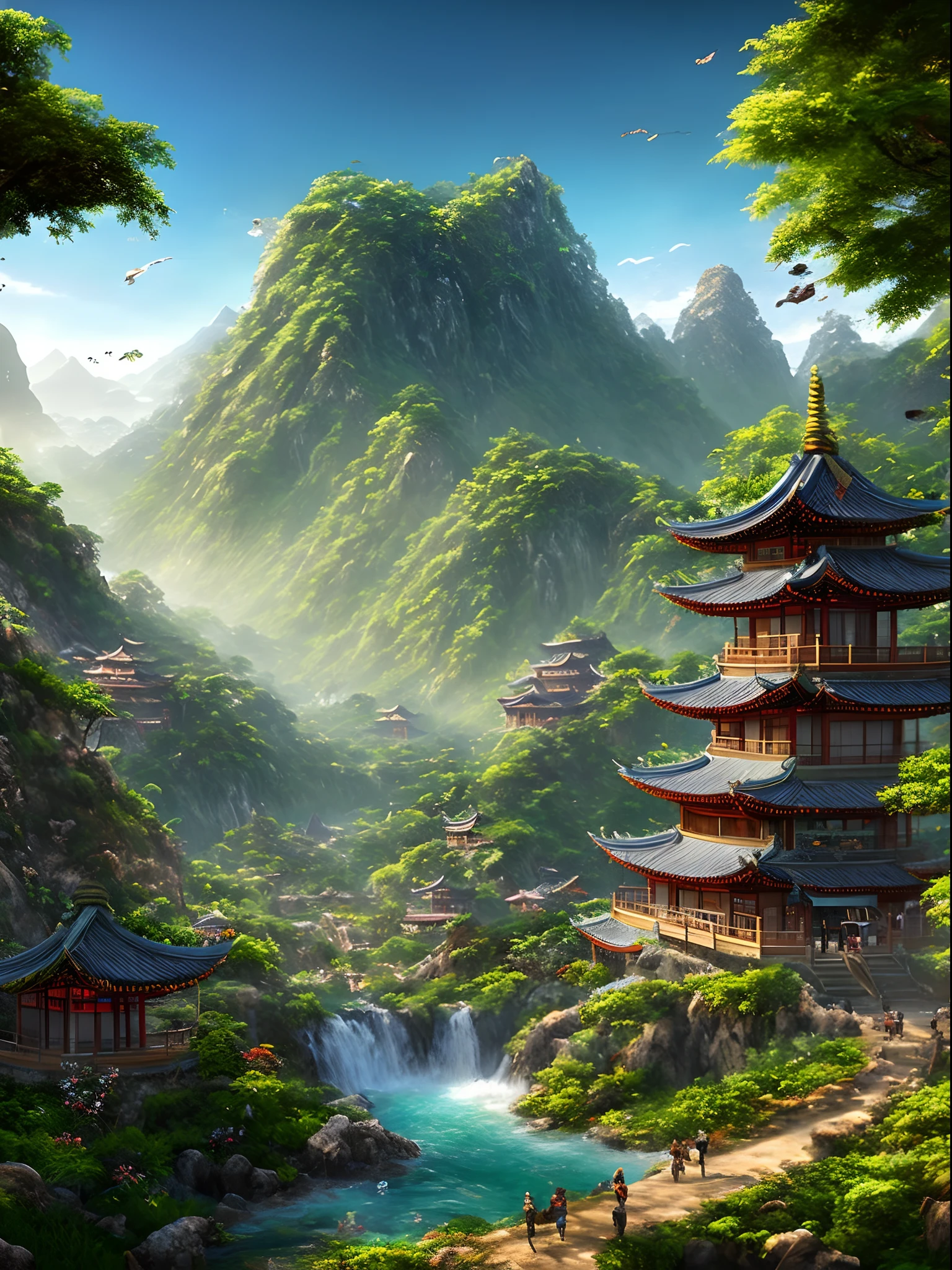 2. Mountain view with waterfall and pagoda in the middle, escena pintada por Han Gan, Ganador del concurso CG Society, fantasy art, dreamy chinese town, Paisaje chino, chinese fantasy, made of trees and fantasy valley, Vista antigua de la ciudad, sort Stunning fantasy scenery, most epic landscape, Pagoda en la colina, Mountainous jungle environment, Paisaje de avatar, Pueblo chino.