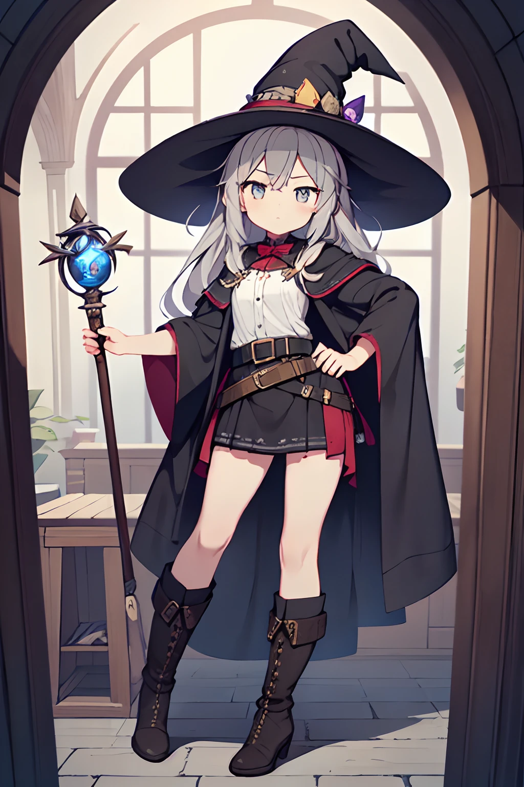 (1girl in:1.2), (Solo:1.2) , nffsw, Shaders, Brilliant Textured Work, Ultra-detailed eyes, ultra-intricate pupil in eyes, top-quality, full body, witch's hat, Belt to hat, Gray hair, long hair, Smooth straight hair, deadpan, No emotion, Gray eyes, a closed mouth, witch's robe, Witch's Wand, Western-style brick house, 小柄, loli, child, Witch's Boots, looking at viewer, contrapposto, In the dimly lit chamber,