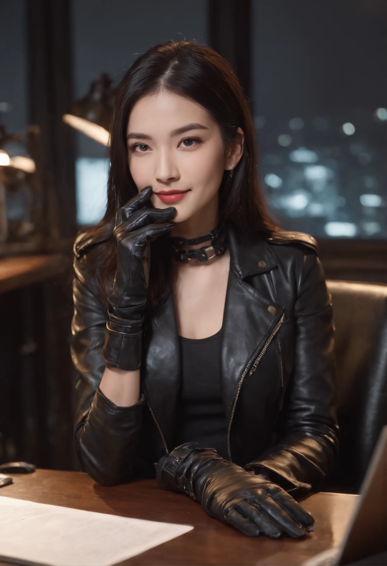 Wearing black leather gloves in both hands, upper body, black leather riders jacket, necklace on the chest, smiling at the desk in the modern study in the dark, long and straight black hair, young Japanese woman (black leather gloves covering both hands) with the fingers of black leather gloves, sitting on a leather chair, working on the computer, staring at the screen