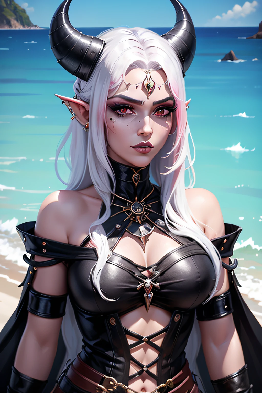 Tiefling, pele rosa, mulher, joias, piercing, pele colorida, cabelos brancos, olhos roxos, labios vermelhos, choker, goth, ornamento no chifre, armadura, ((master part, melhor qualidade)), chifres orelhas pontudas, maquiagem, (Rosto detalhado), cabelo curto, Corpo Inteiro