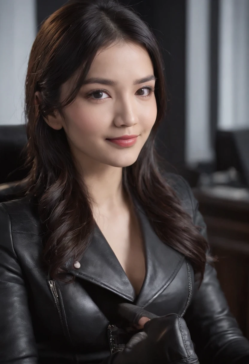 Wearing black leather gloves in both hands, upper body, black leather riders jacket, necklace on the chest, smiling at the desk in the modern study in the dark, long and straight black hair, young Japanese woman (black leather gloves covering both hands) with the fingers of black leather gloves, sitting on a leather chair, working on the computer, staring at the screen